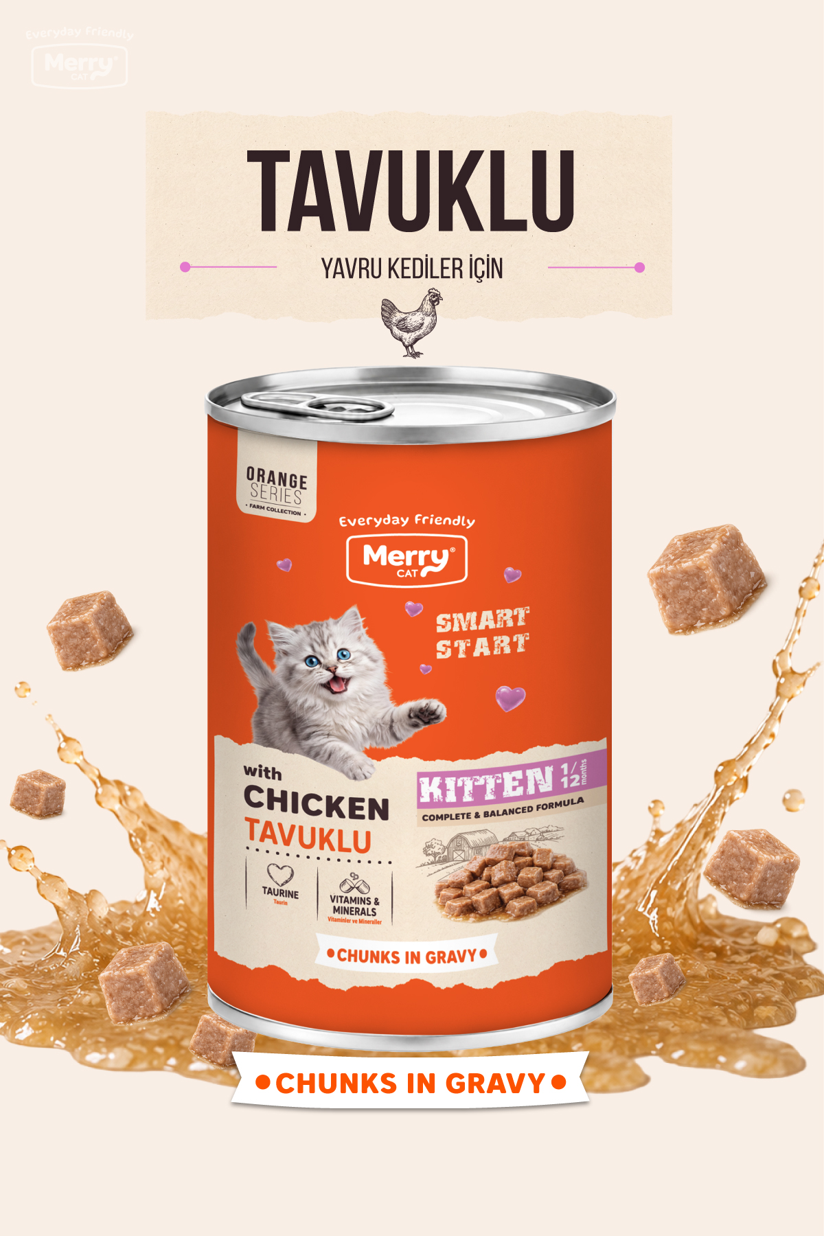 Merry Yavru Kediler İçin Tavuklu Soslu Parça Etli Konserve Yaş Mama 400g ambalajı