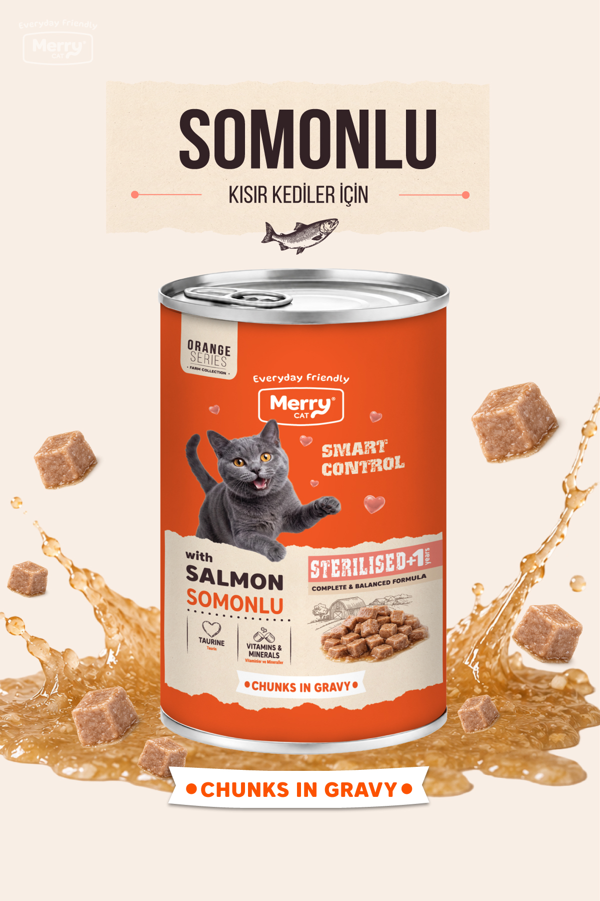 Merry Kısırlaştırılmış Kediler İçin Somonlu Soslu Parça Etli Konserve Yaş Mama 400g ambalajı