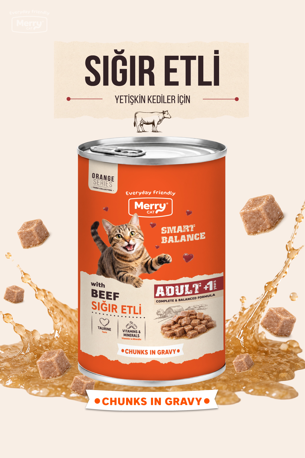 Merry Yetişkin Kediler İçin Sığır Etli Tam Yaş Mama 400g ambalajı