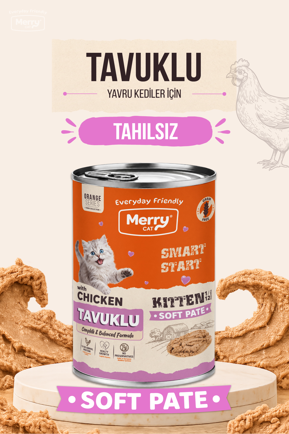 Merry Yavru Kediler İçin Tavuklu Ezme Konserve Yaş Mama 400g ambalajı
