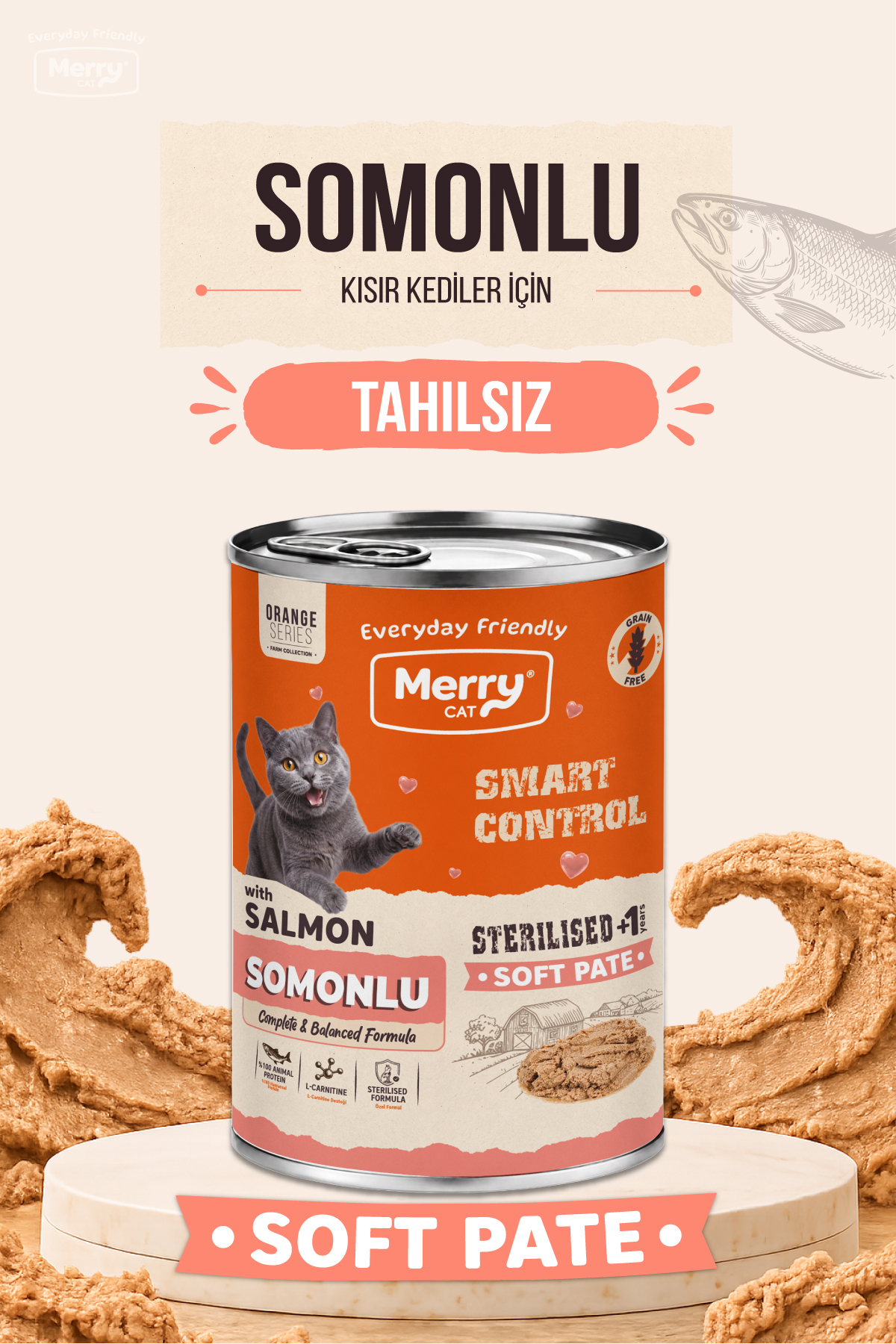 Merry Kısırlaştırılmış Kediler İçin Somonlu Ezme Konserve Yaş Mama 400g ambalajı