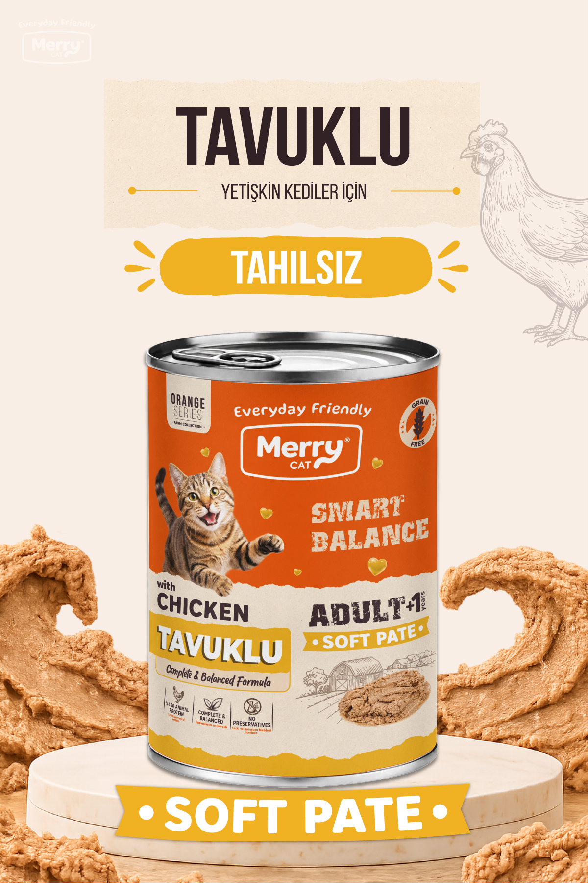 Merry Yetişkin Kediler İçin Tavuklu Ezme Konserve Yaş Mama 400g ambalajı