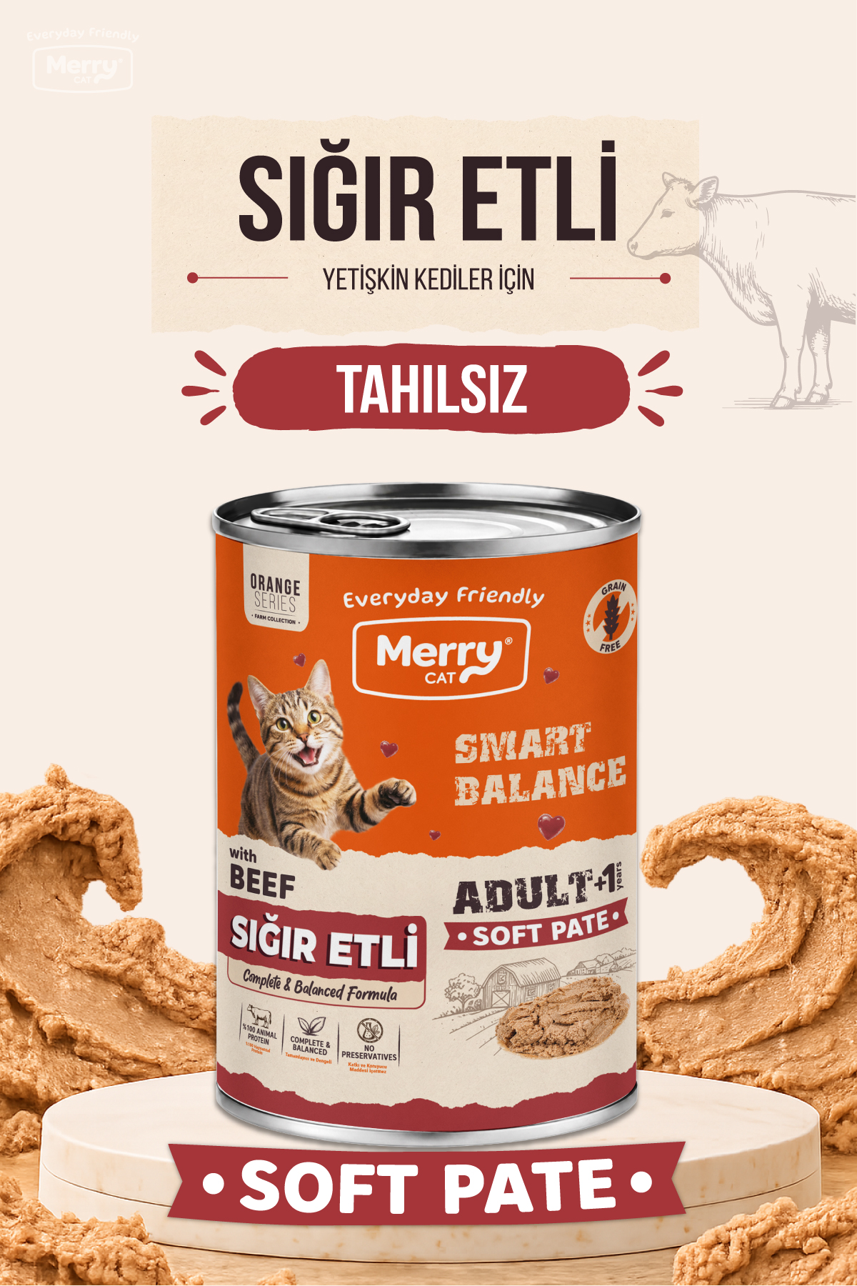 Merry Yetişkin Kediler İçin Sığır Etli Ezme Konserve Yaş Mama 400g ambalajı
