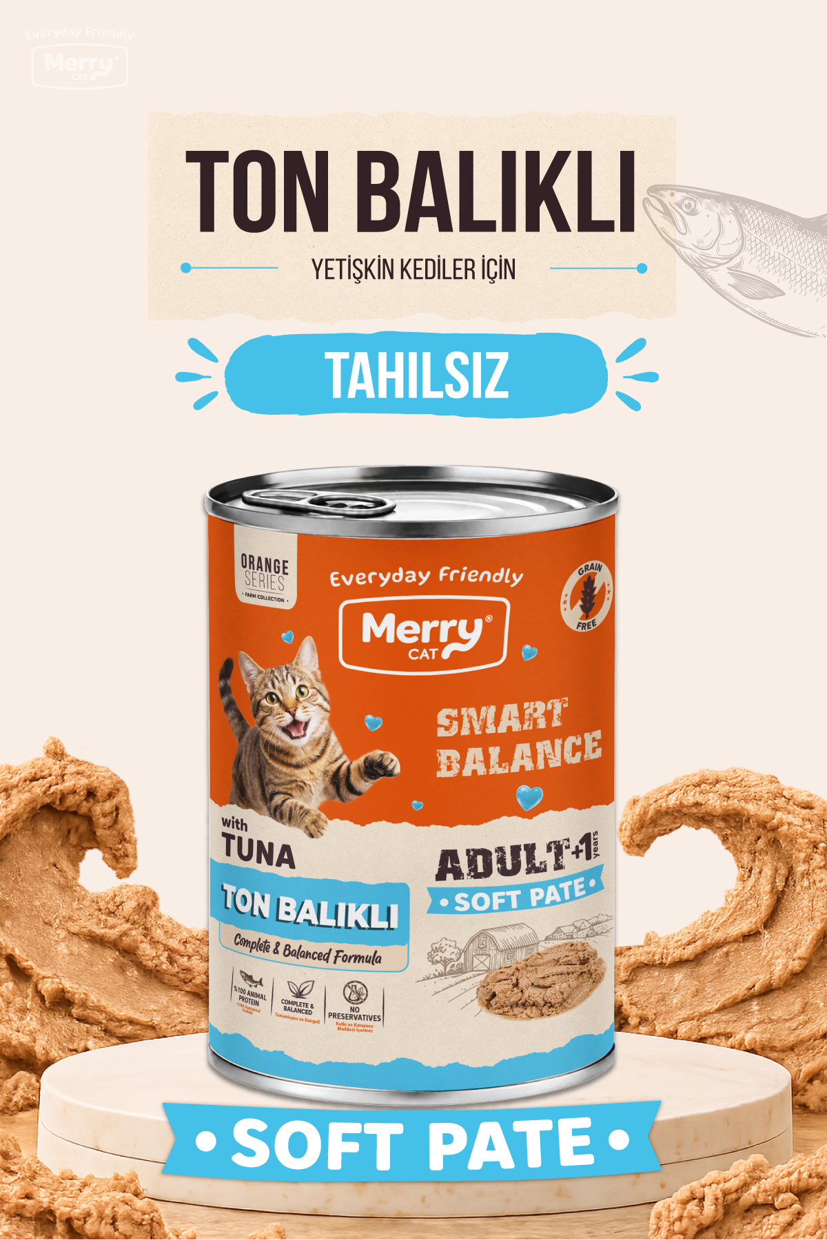 Merry Yetişkin Kediler İçin Ton Balıklı Ezme Konserve Yaş Mama 400g ambalajı