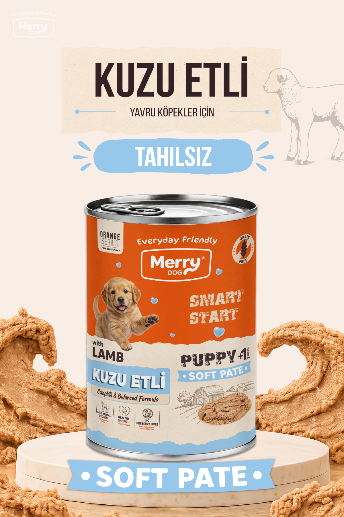 Merry Yavru Köpekler İçin Tahılsız Kuzulu Ezme Konserve Yaş Mama 400g ambalajı