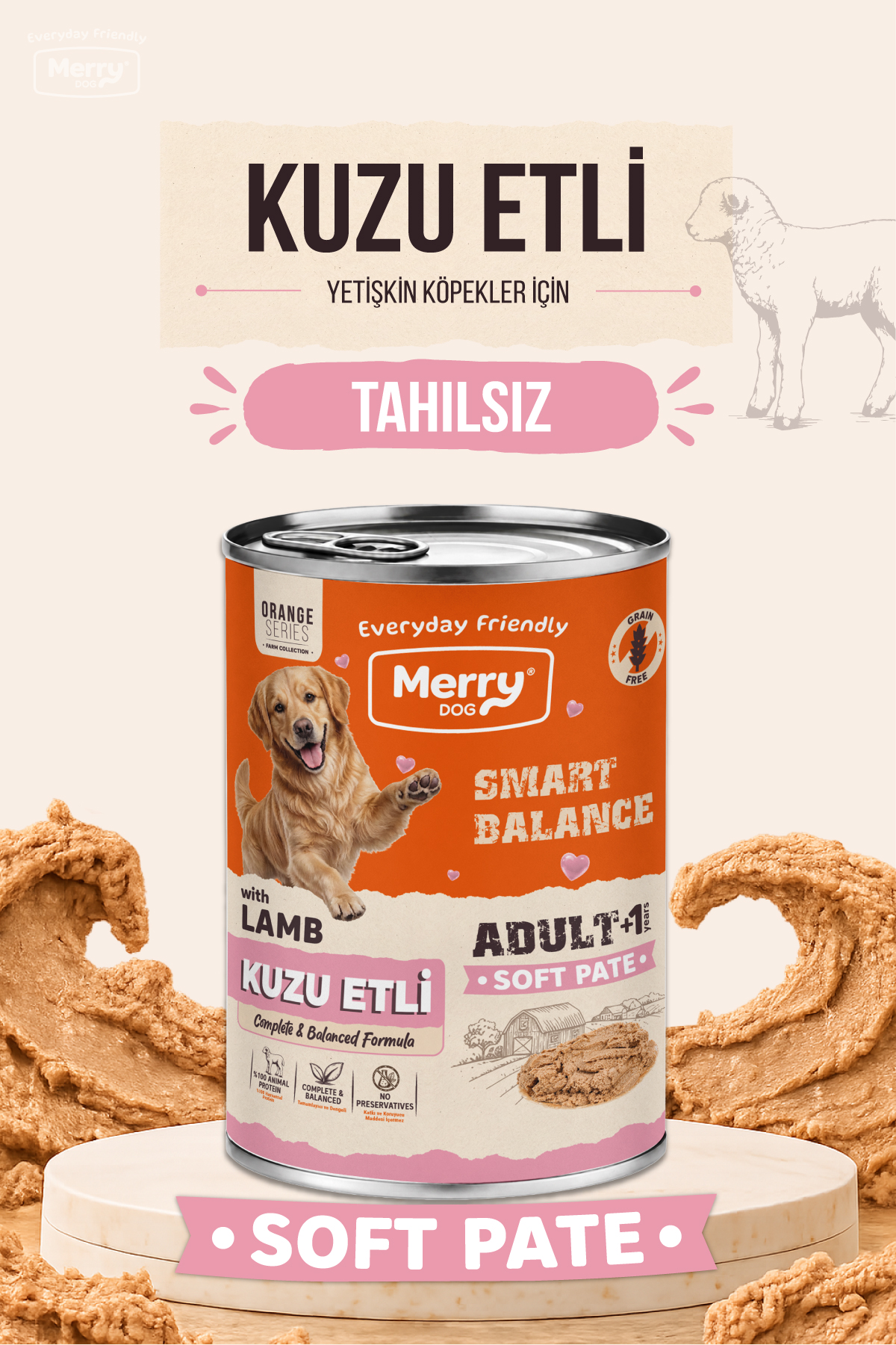 Merry Yetişkin Köpekler İçin Tahılsız Kuzulu Ezme Konserve Yaş Mama 400g ambalajı