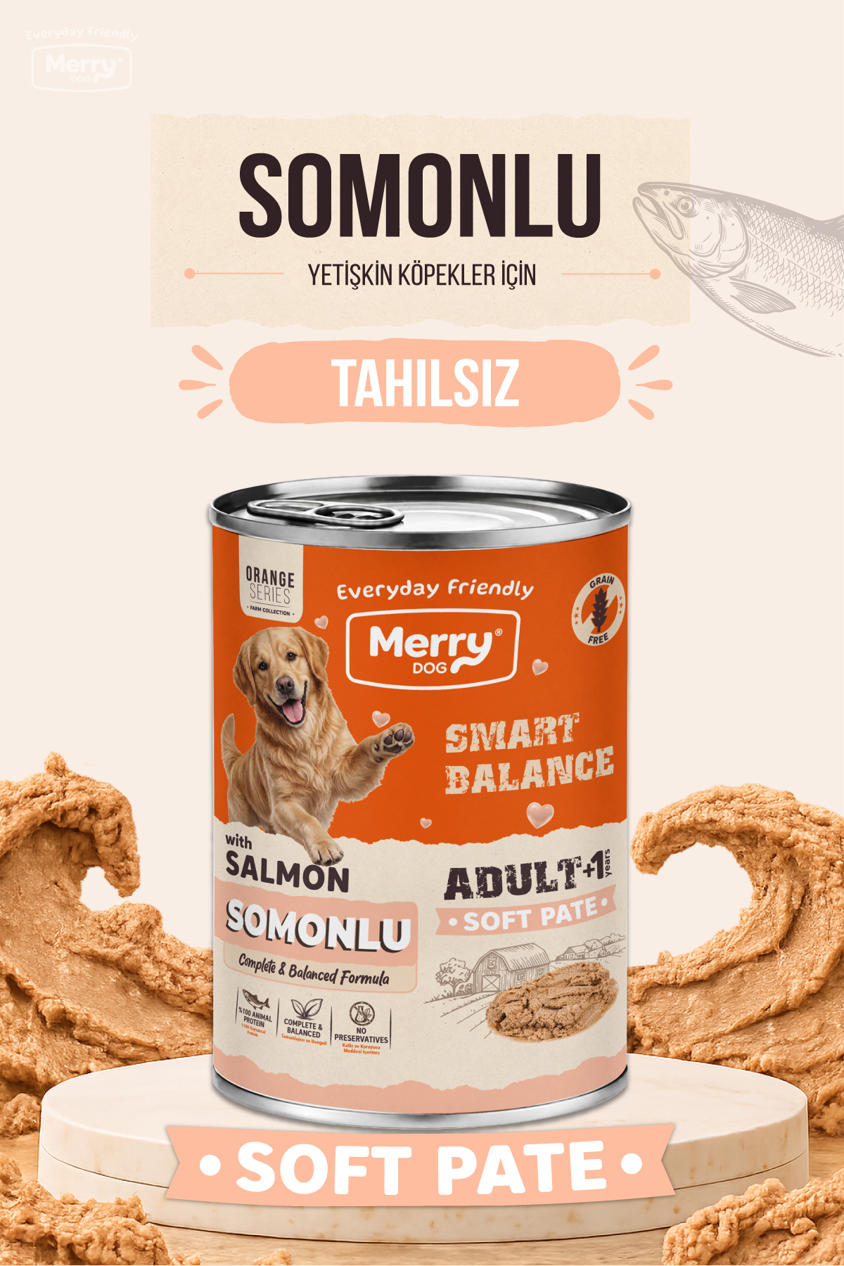 Merry Yetişkin Köpekler İçin Somonlu Ezme Konserve Yaş Mama 400g ambalajı