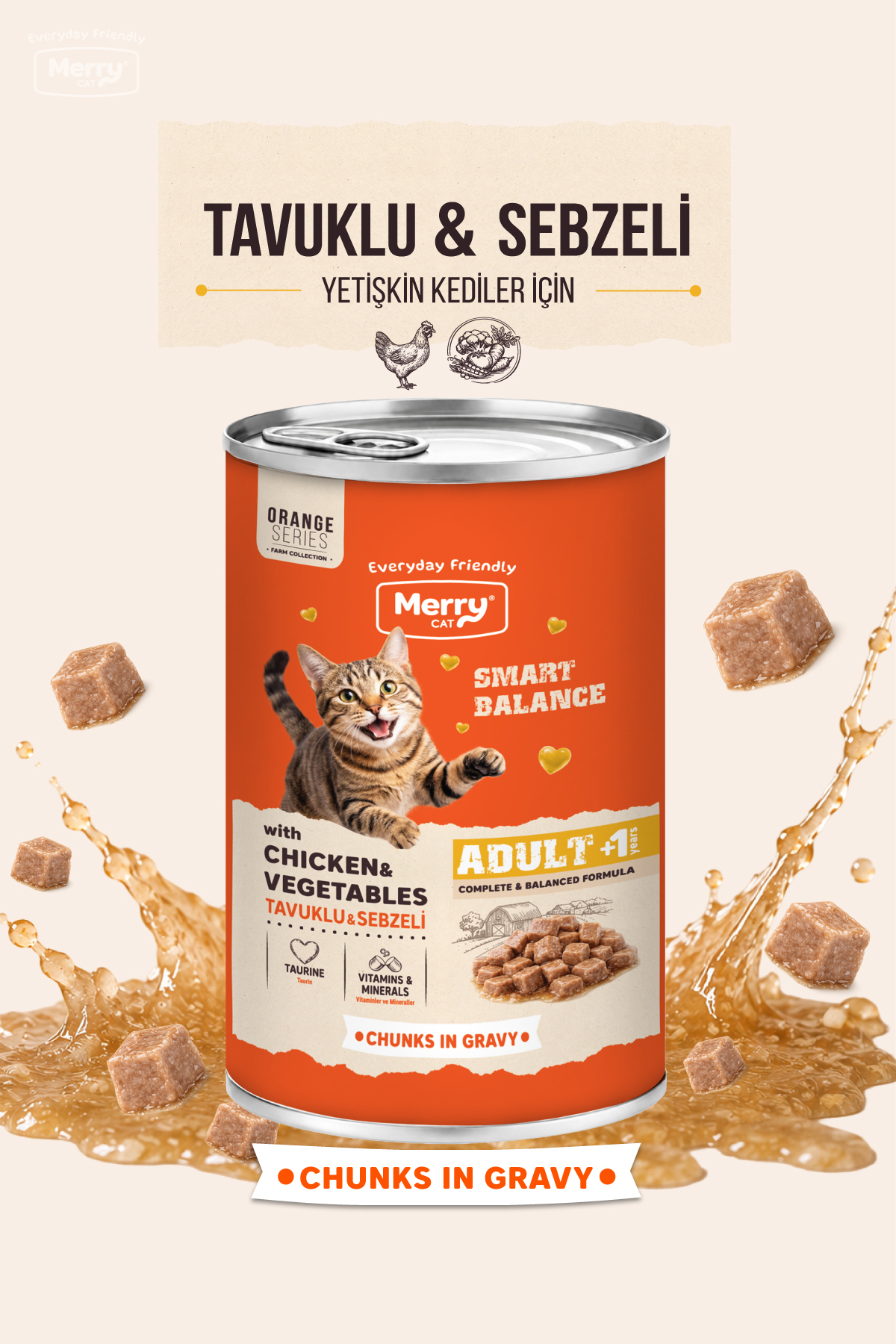 Merry Yetişkin Kediler İçin Tavuklu ve Sebzeli Soslu Parça Etli Konserve Yaş Mama 400g ambalajı