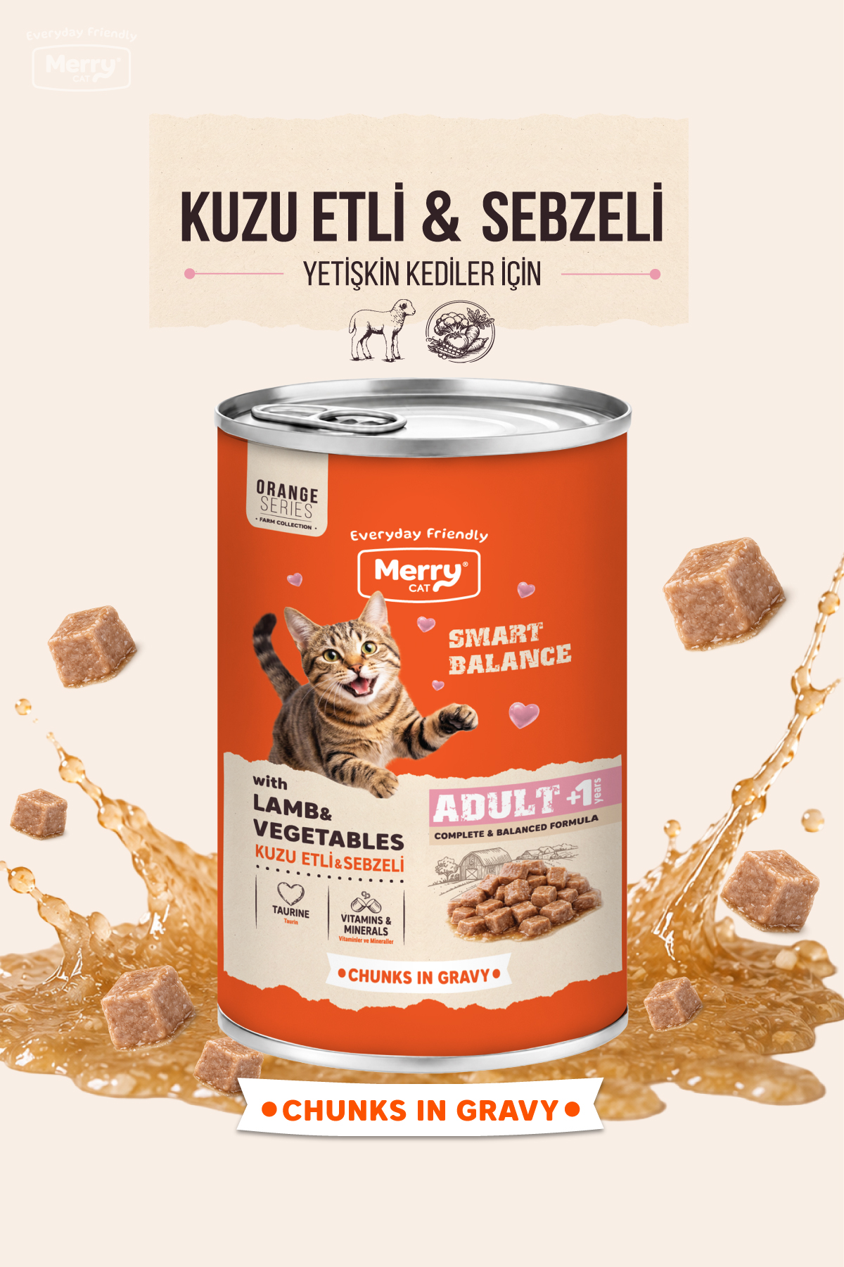 Merry Yetişkin Kediler İçin Kuzulu ve Sebzeli Soslu Parça Etli Konserve Yaş Mama 400g ambalajı