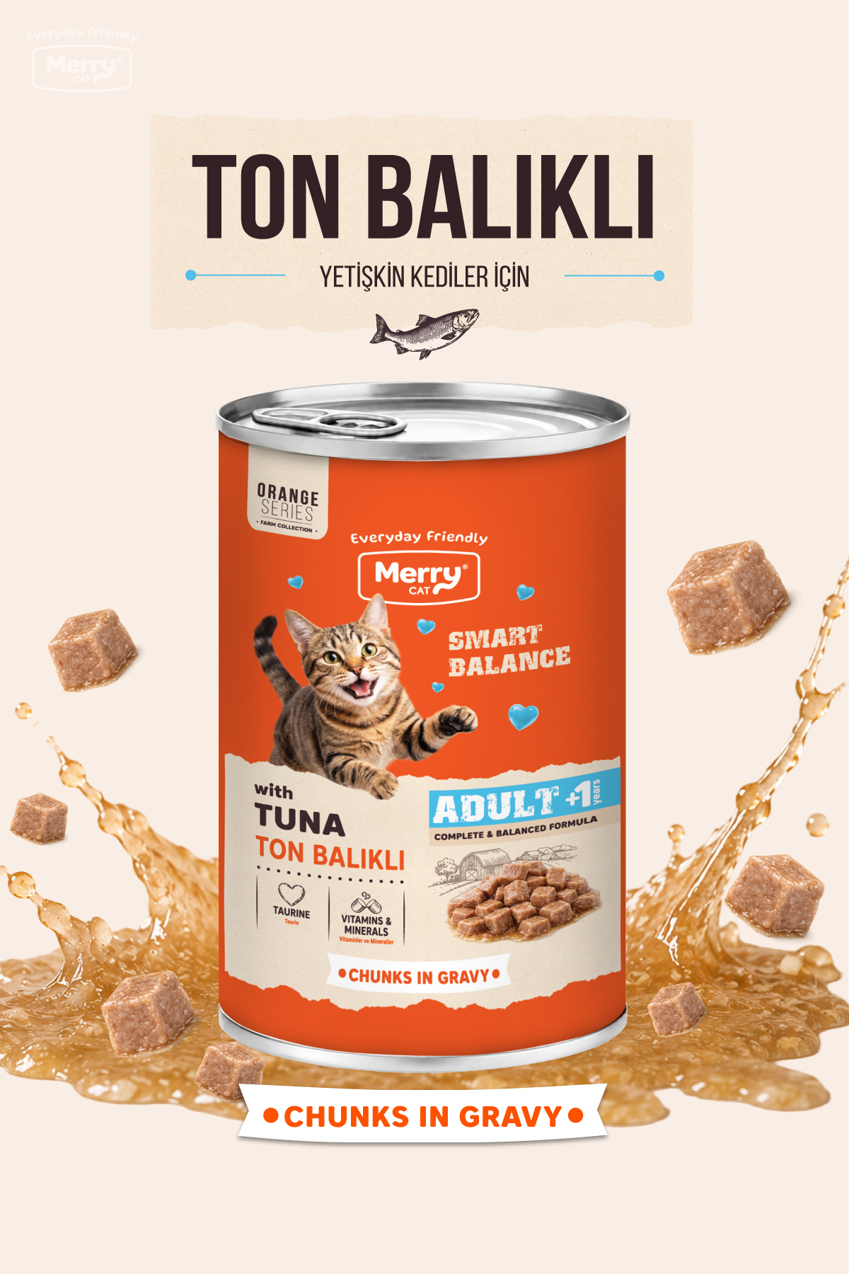 Merry Yetişkin Kediler İçin Ton Balıklı Soslu Parça Etli Konserve Yaş Mama 400g ambalajı