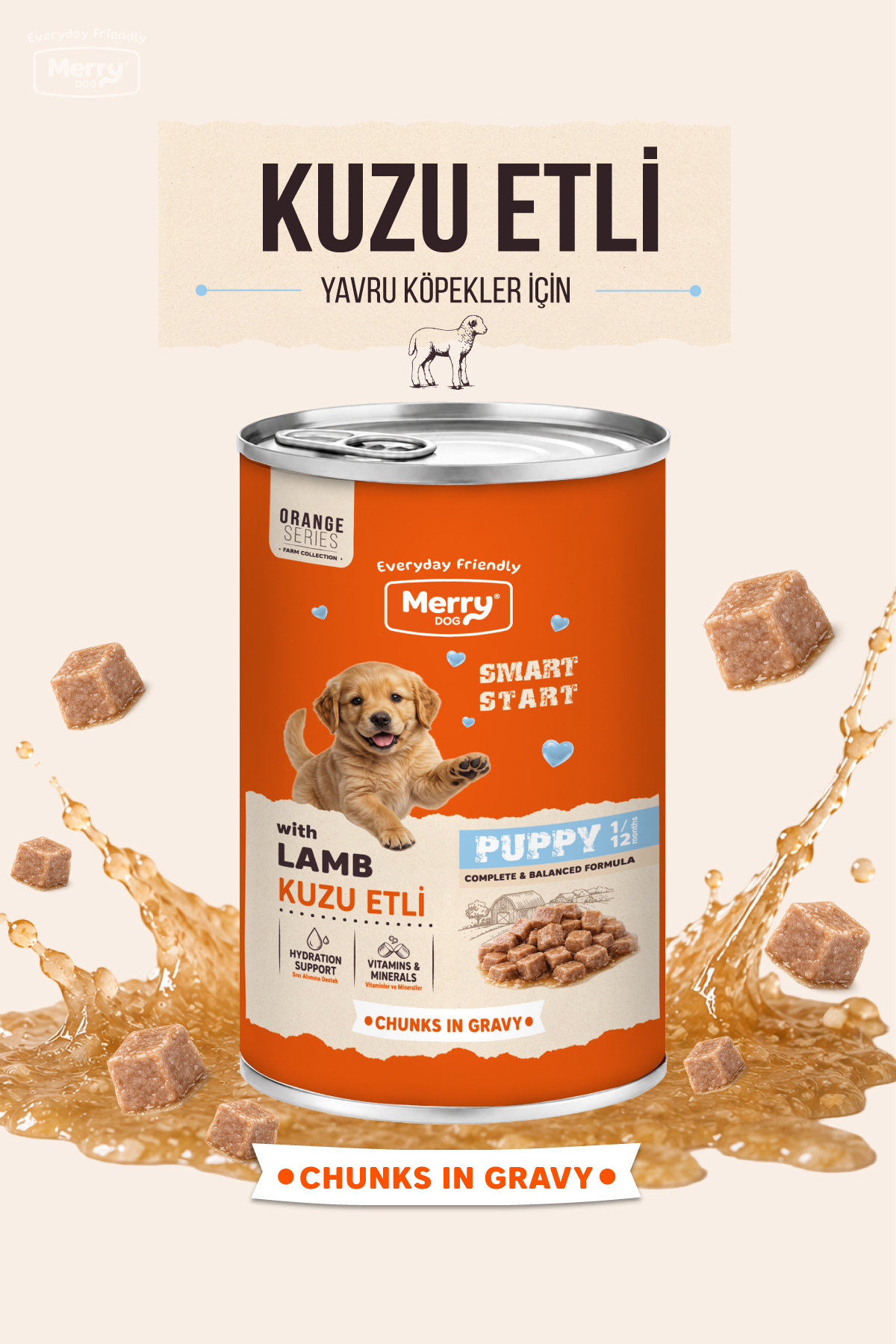 Merry Yavru Köpekler İçin Kuzulu Soslu Parça Etli Konserve Yaş Mama 400g ambalajı