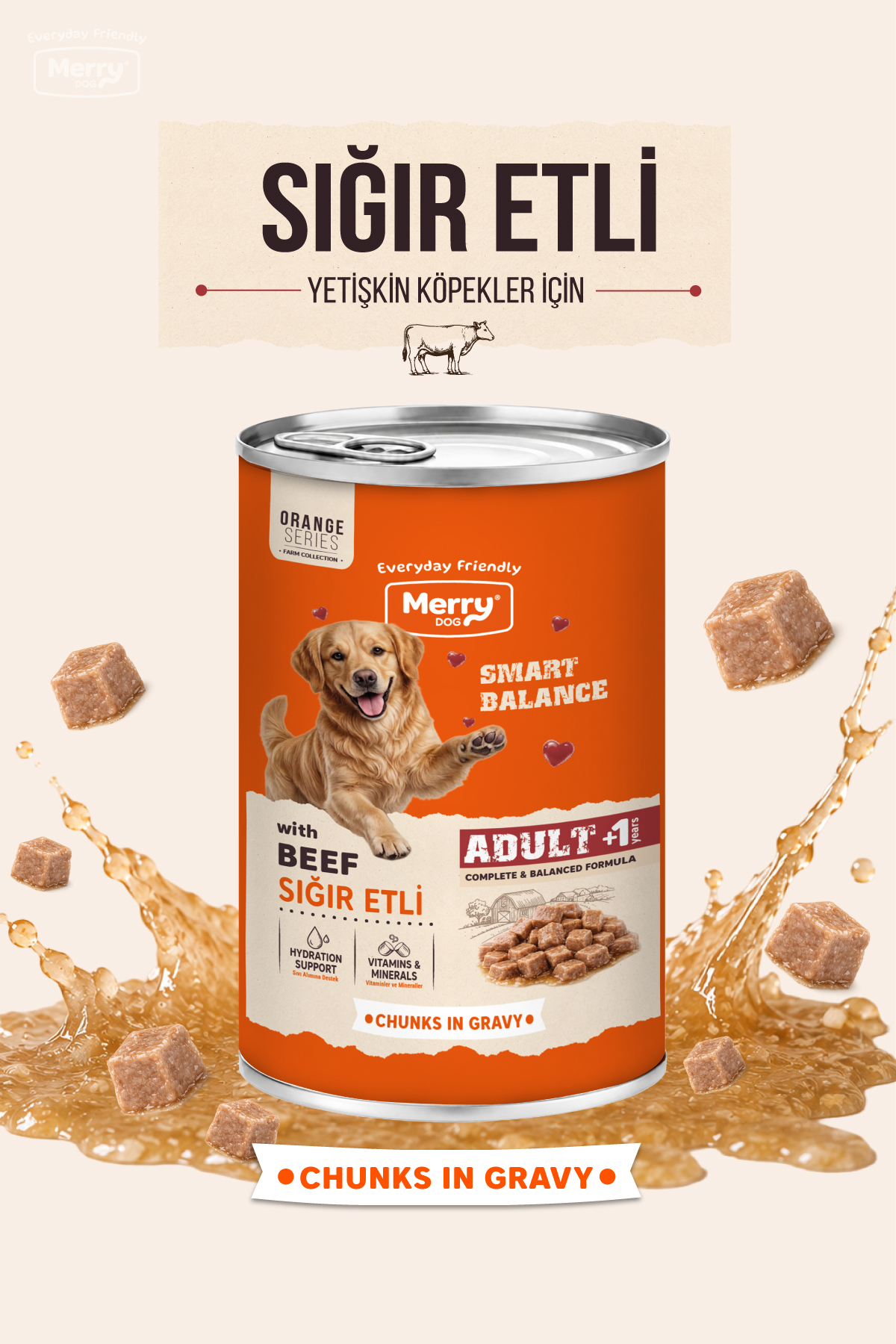 Merry Yetişkin Köpekler İçin Sığır Etli Soslu Parça Etli Konserve Yaş Mama 400g ambalajı
