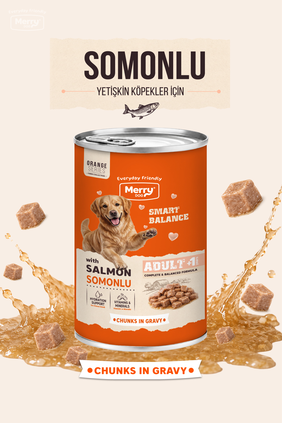 Merry Yetişkin Köpekler İçin Somonlu Soslu Parça Etli Konserve Yaş Mama 400g ambalajı