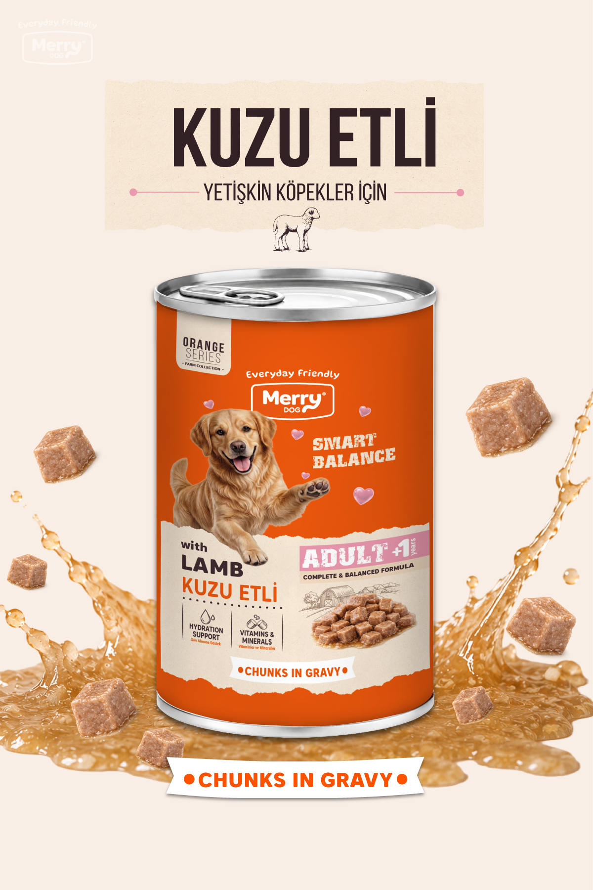 Merry Yetişkin Köpekler İçin Kuzulu Soslu Parça Etli Konserve Yaş Mama 400g ambalajı