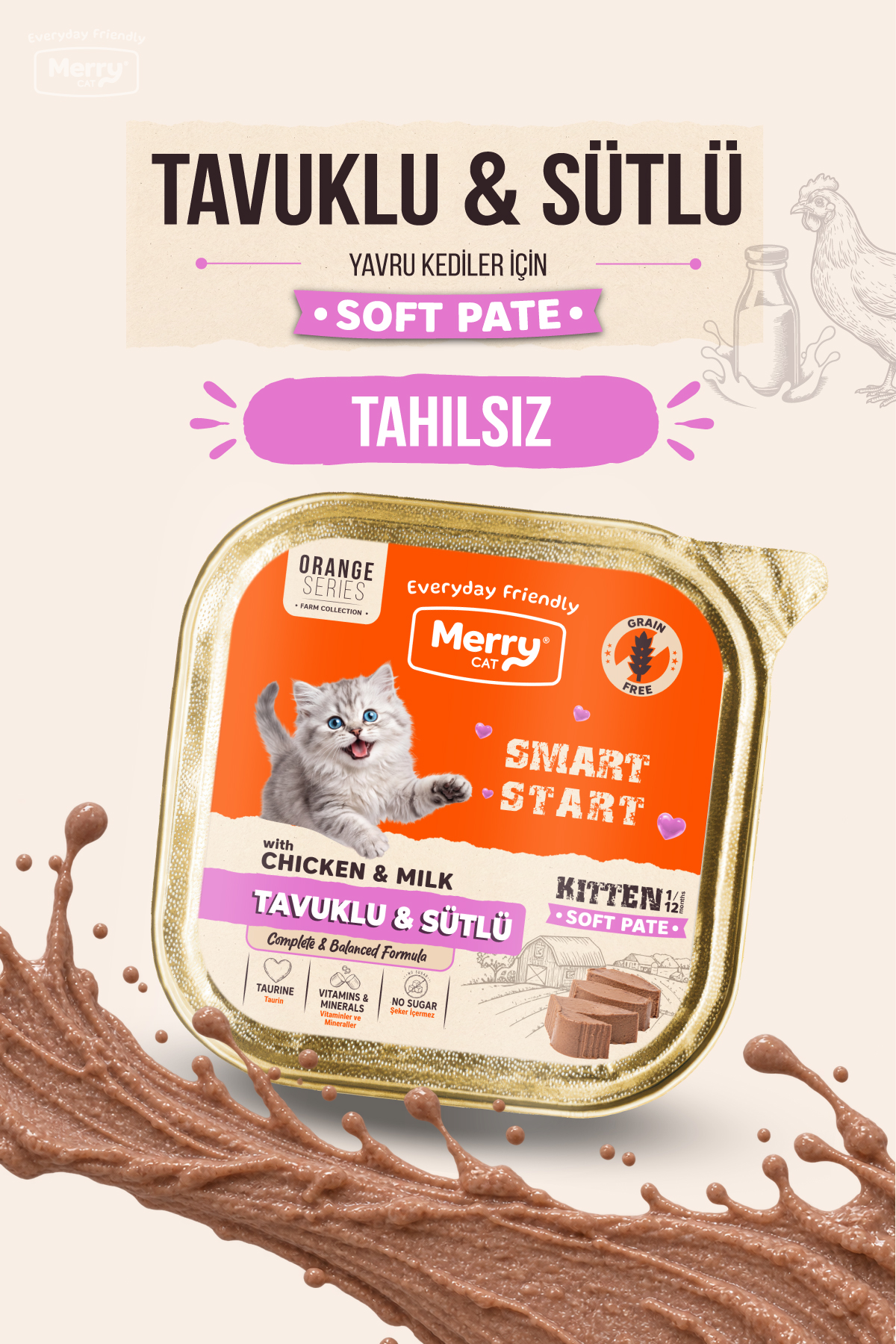 Merry Yavru Kediler İçin Tavuklu ve Sütlü Ezme Alutray Yaş Mama 100g ambalajı
