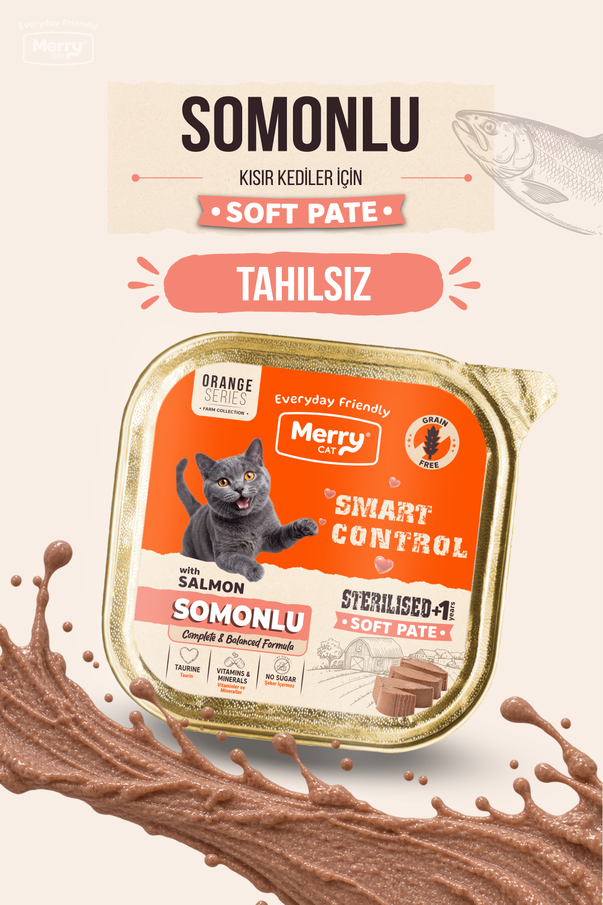 Merry Kısırlaştırılmış Kediler İçin Somonlu Ezme Alutray Yaş Mama 100g ambalajı