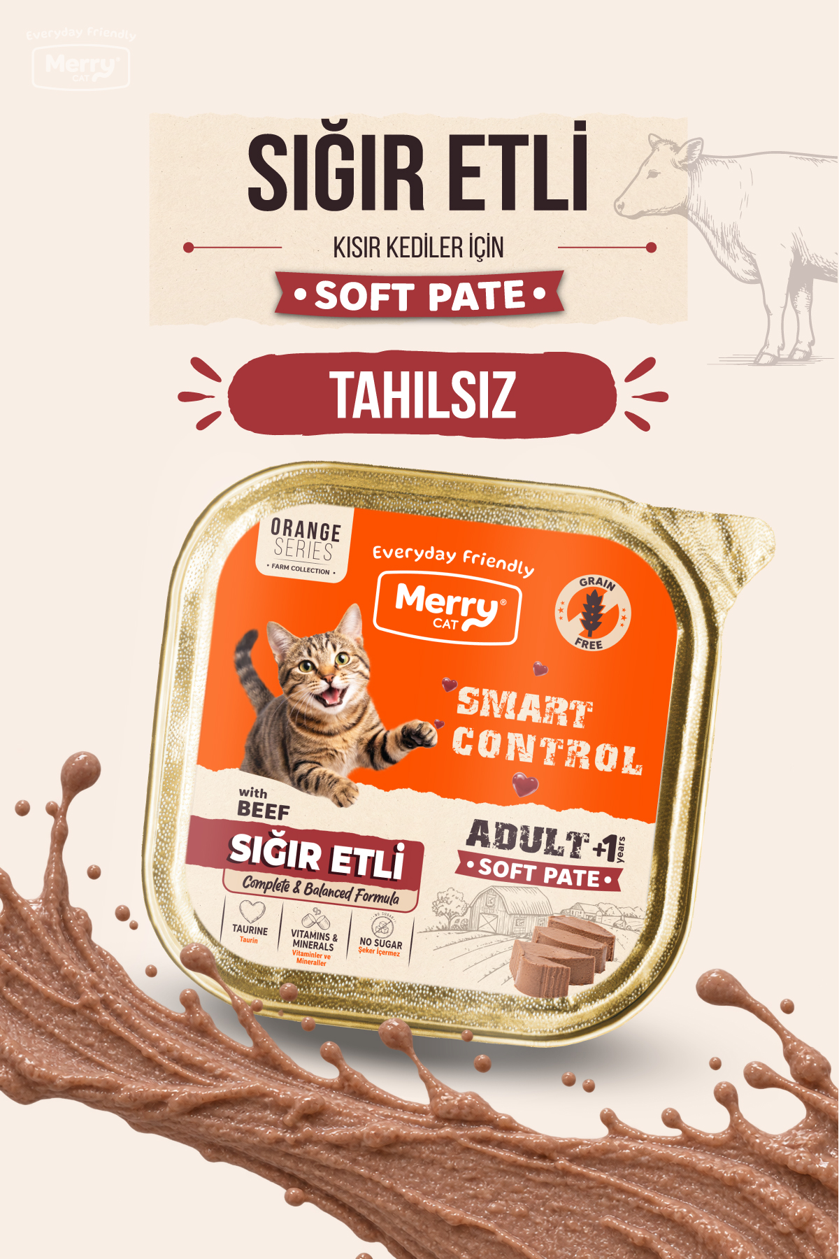Merry Yetişkin Kediler İçin Sığır Etli Ezme Alutray Yaş Mama 100g ambalajı