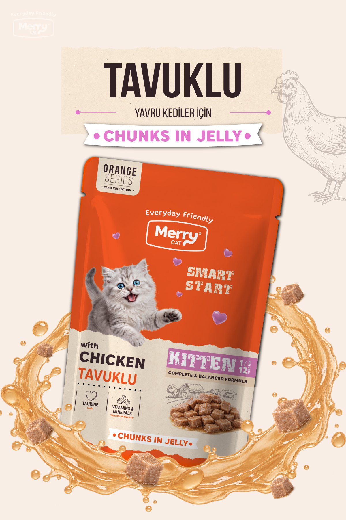 Merry Yavru Kediler İçin Tavuklu Jöle İçinde Parça Etli Pouch Yaş Mama 85g ambalajı