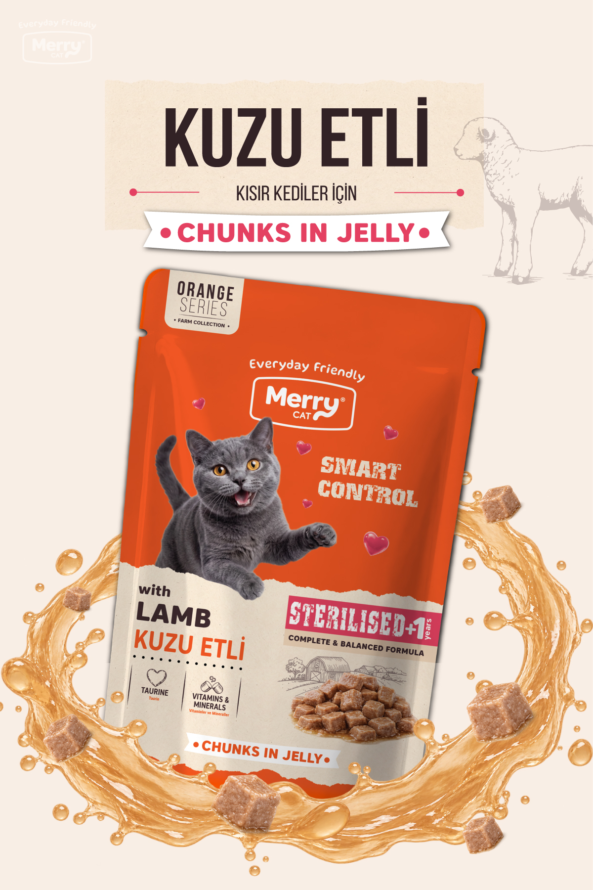 Merry Kısırlaştırılmış Kediler İçin Kuzulu Jöle İçinde Parça Etli Pouch Yaş Mama 85g ambalajı