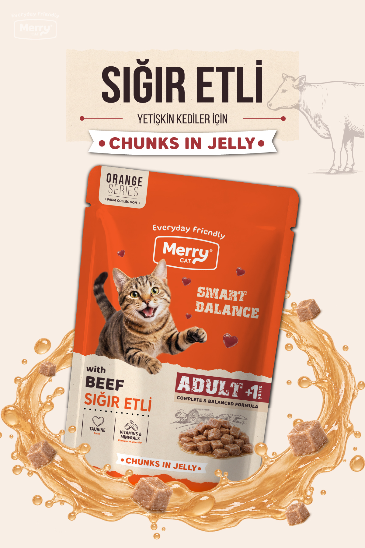 Merry Yetişkin Kediler İçin Sığır Etli Jöle İçinde Parça Etli Pouch Yaş Mama 85g ambalajı