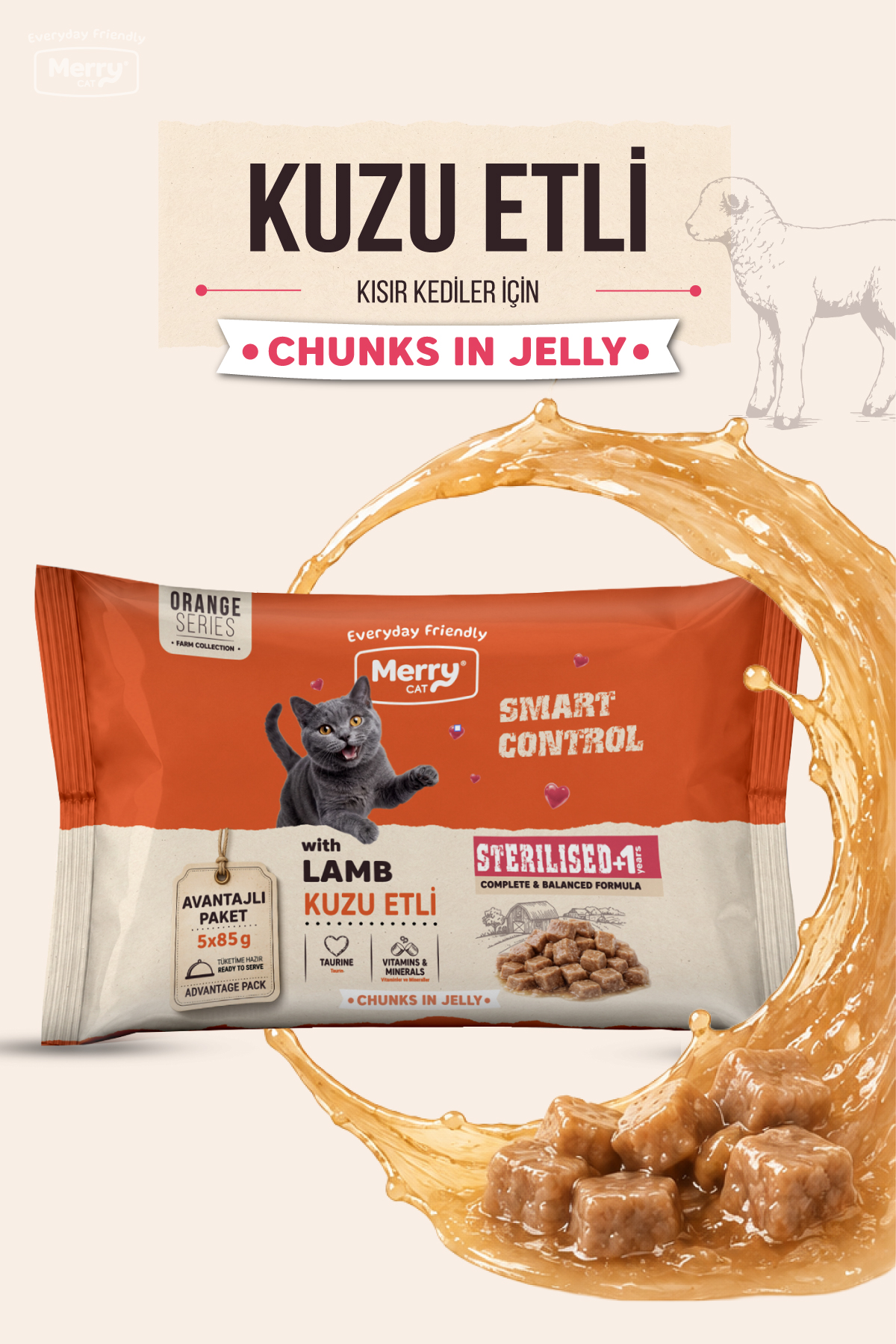 Merry Kısırlaştırılmış Kediler İçin Kuzulu Jöle İçinde Parça Etli Flowpack Yaş Mama 5x85g ambalajı