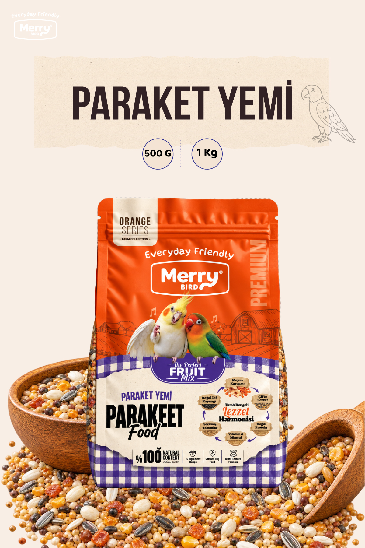 Merry Paraket Kuşu Yemi Fruit Mix 500g ambalajı
