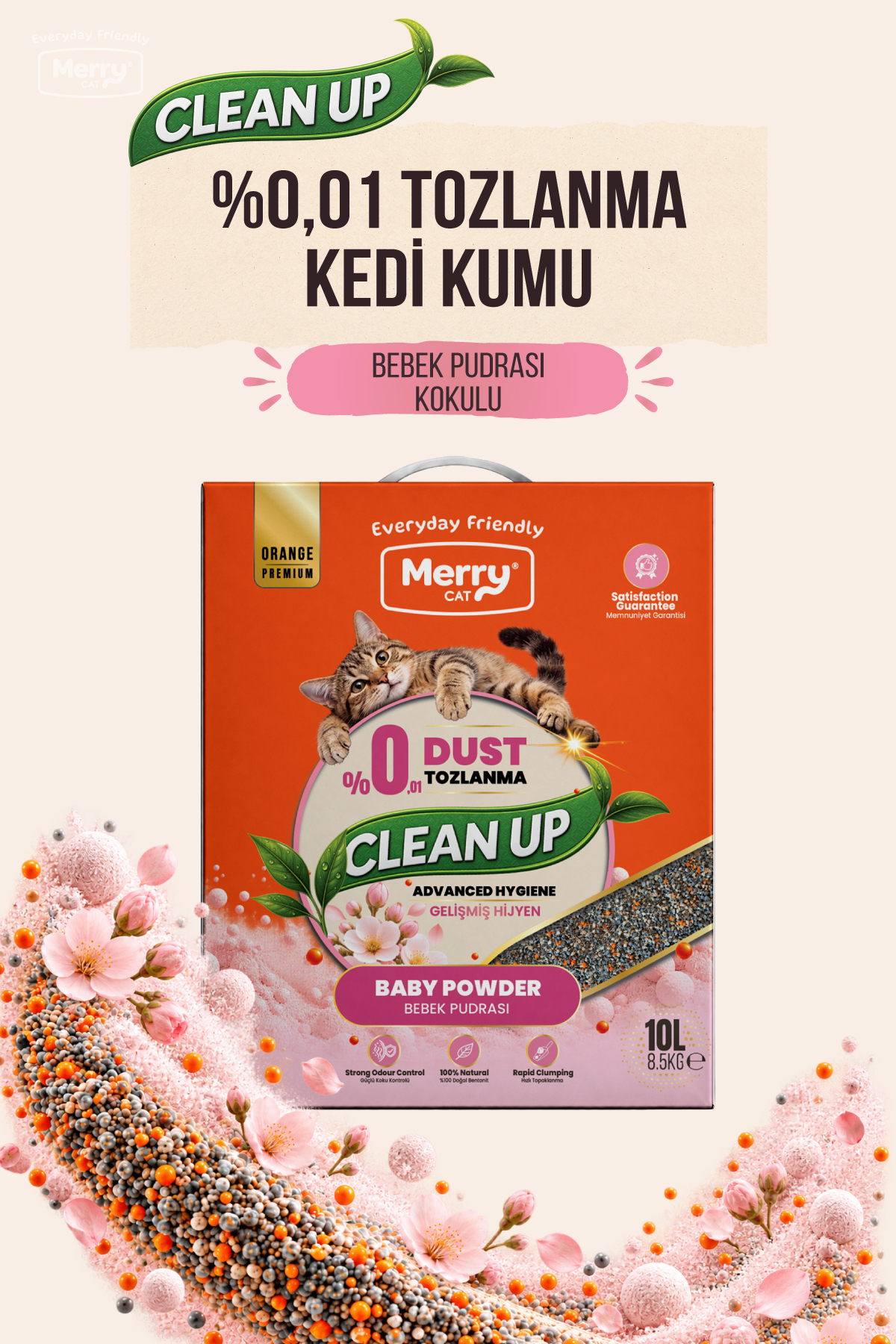 Merry Clean-Up Ekstra Tozsuz Bebek Pudralı Kedi Kumu 10 L ambalajı