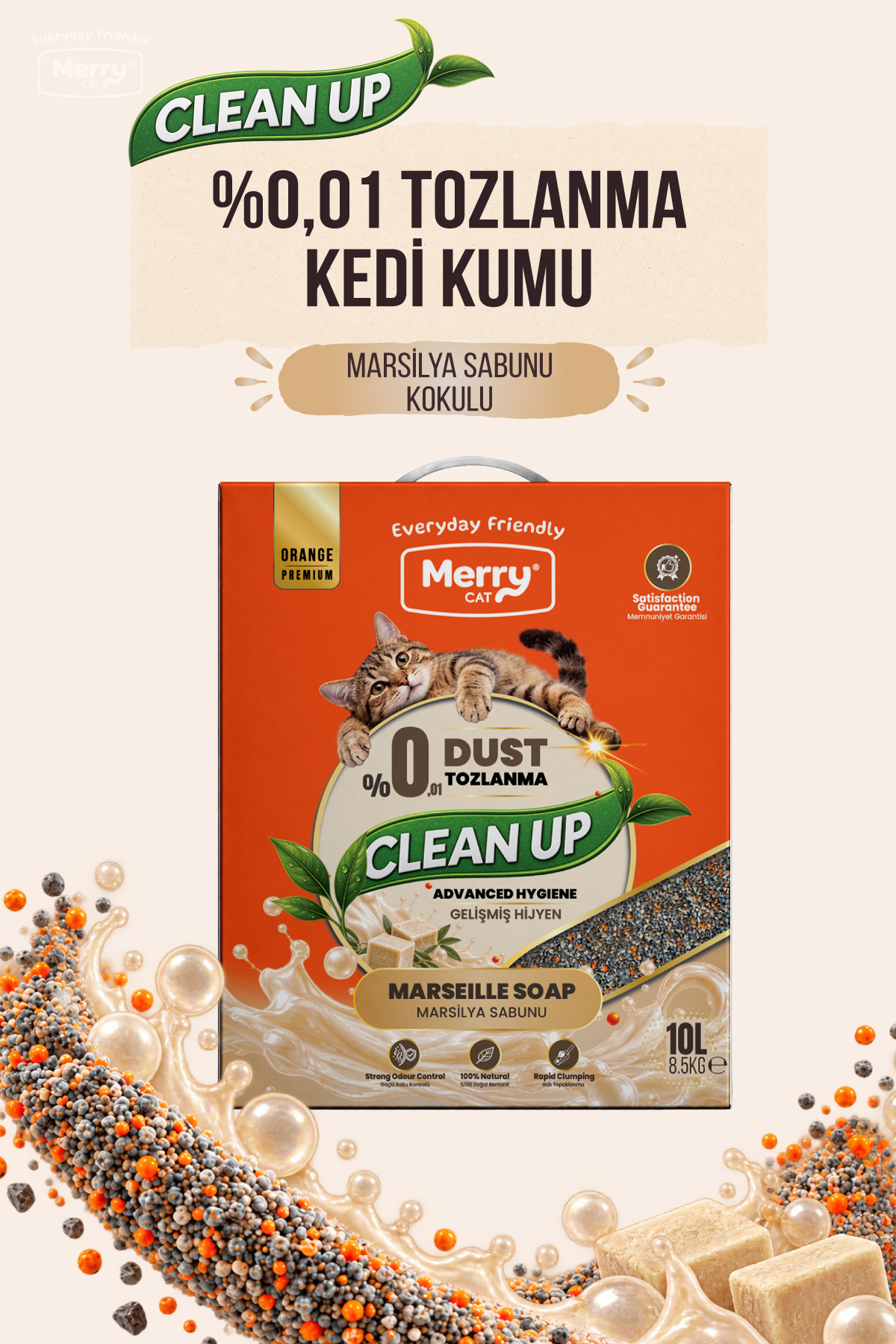 Merry Clean-Up Ekstra Tozsuz Marsilya Sabunlu Kedi Kumu 10 L ambalajı
