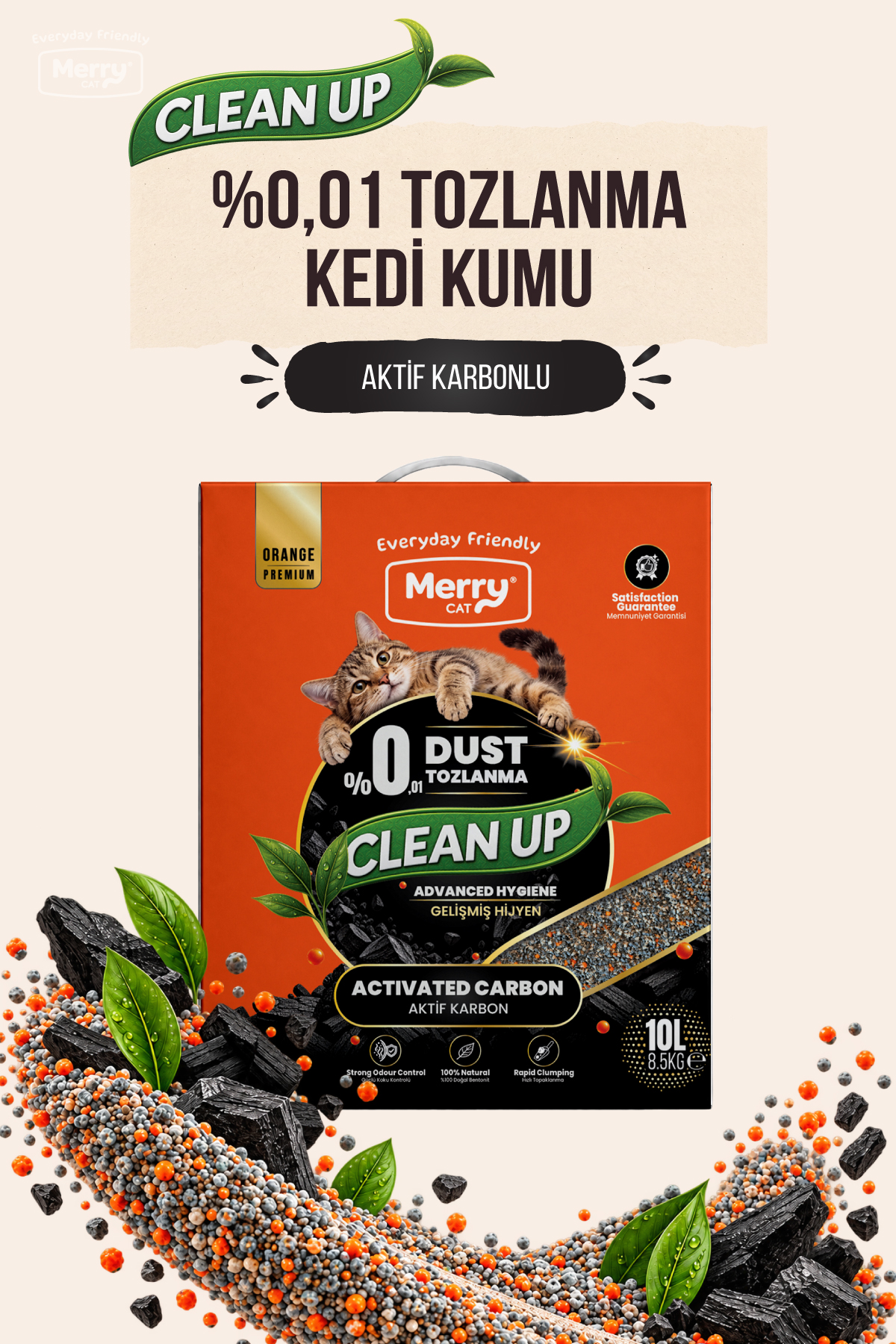 Merry Clean-Up Ekstra Tozsuz Grey Aktif Karbonlu Kedi Kumu 10 L ambalajı