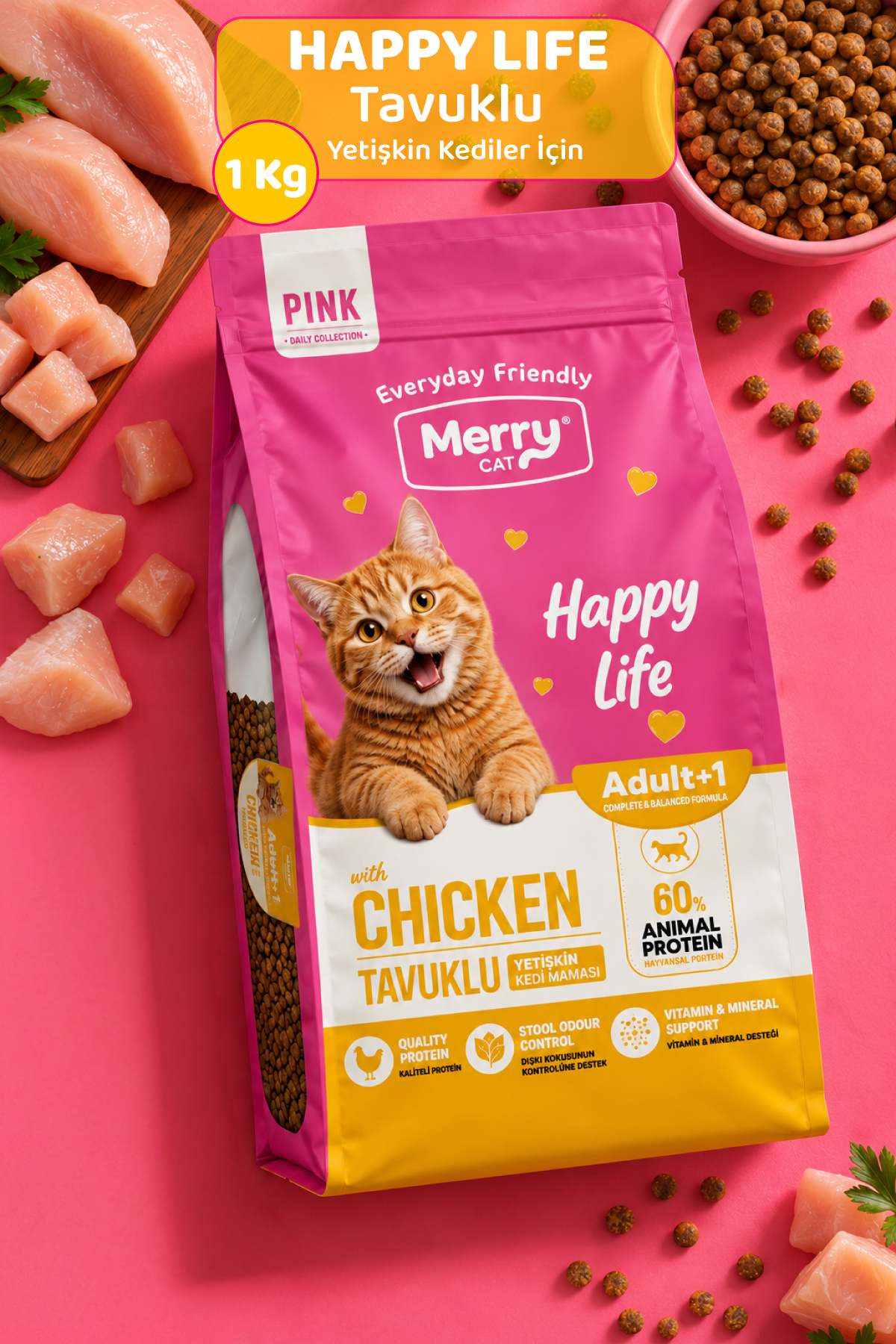 Merry Cat Pink Yetişkin Kedi Tavuklu Kuru Mama 1 kg ambalajı