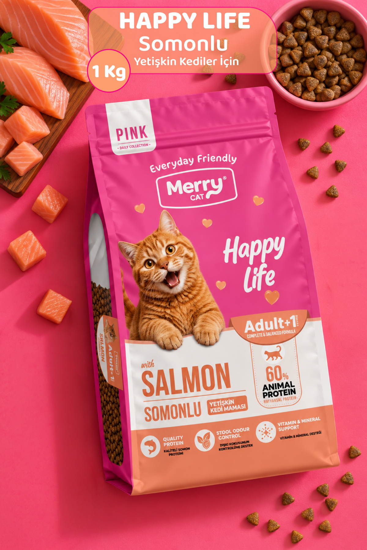 Merry Cat Pink Yetişkin Kedi Somonlu Kuru Mama 1 kg ambalajı