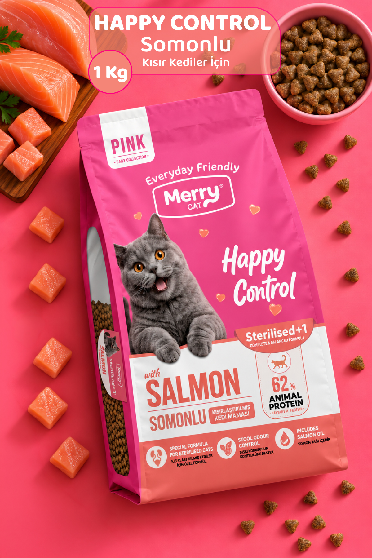 Merry Cat Pink Kısırlaştırılmış Kedi Somonlu Kuru Mama 1 kg ambalajı