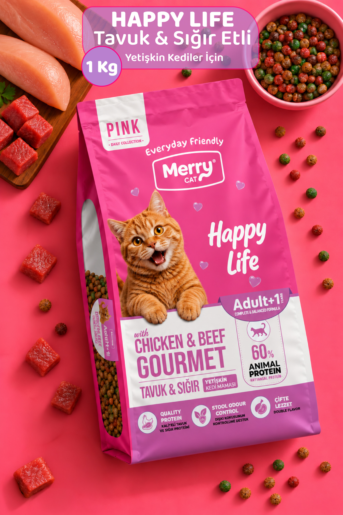 Merry Cat Pink Yetişkin Kedi Tavuklu ve Sığır Etli Gurme Kuru Mama 1 kg ambalajı