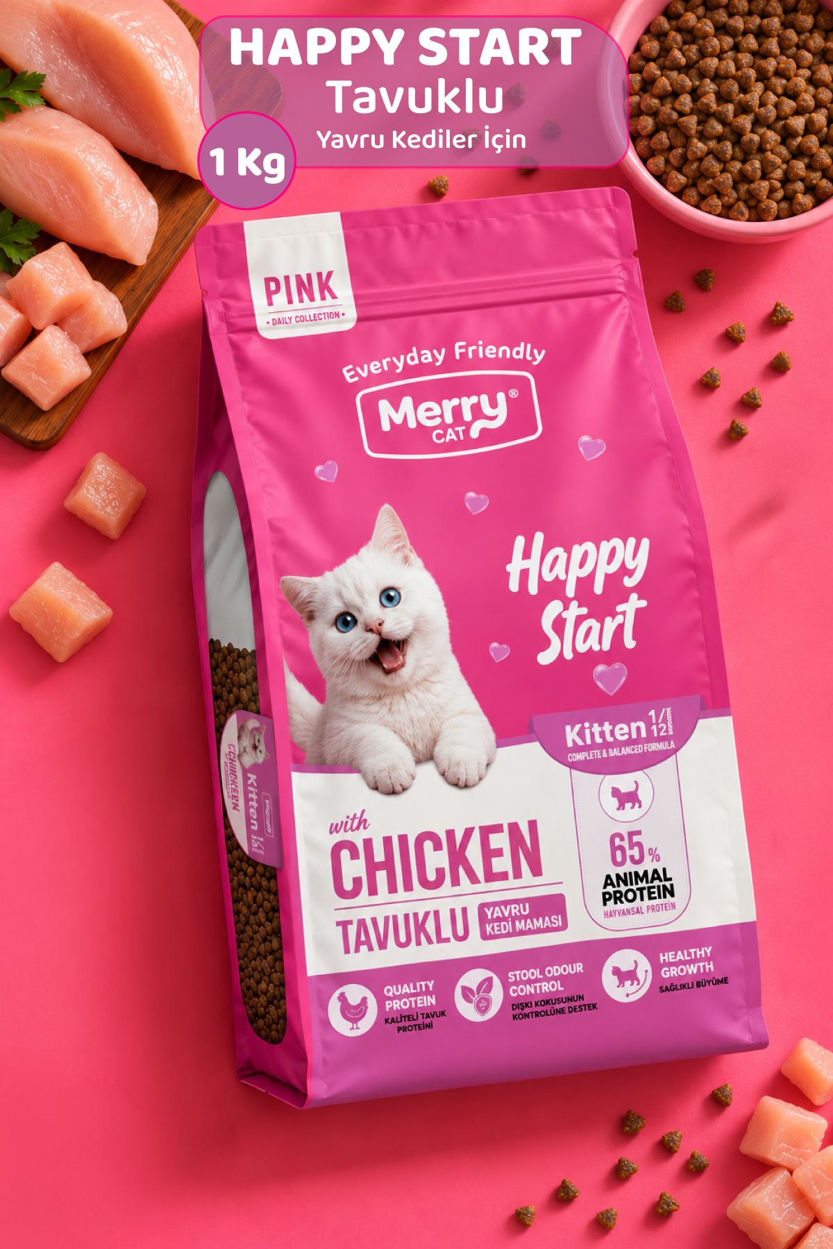 Merry Cat Pink Yavru Kedi Tavuklu Kuru Mama 1 kg ambalajı