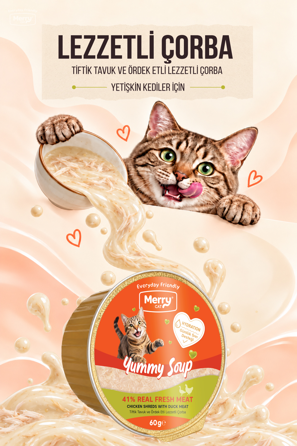 Merry Yetişkin Kediler İçin Tavuk ve Ördek Lezzetli Tiftiklenmiş Kedi Çorbası 60g ambalajı