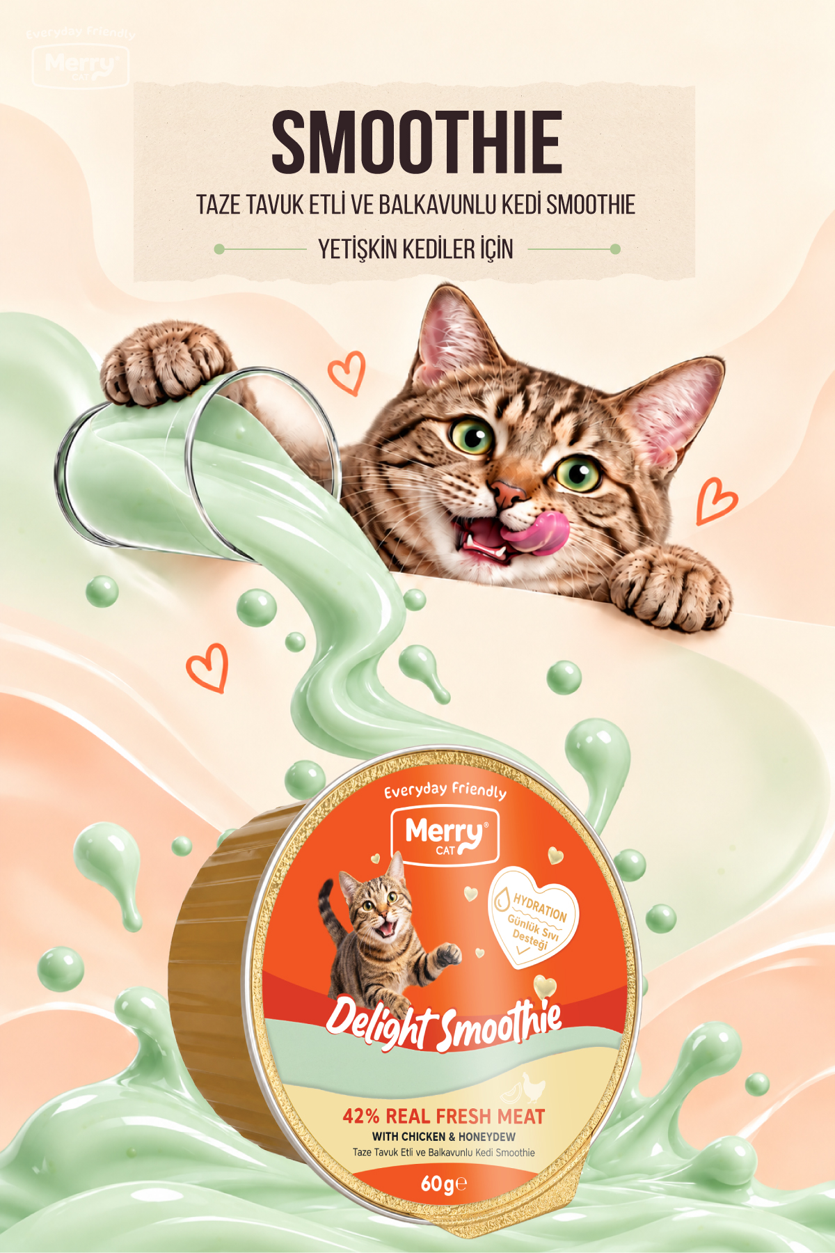 Merry Yetişkin Kediler İçin Tavuk ve Balkavunu Lezzetli Kedi Smoothiesi 60g ambalajı