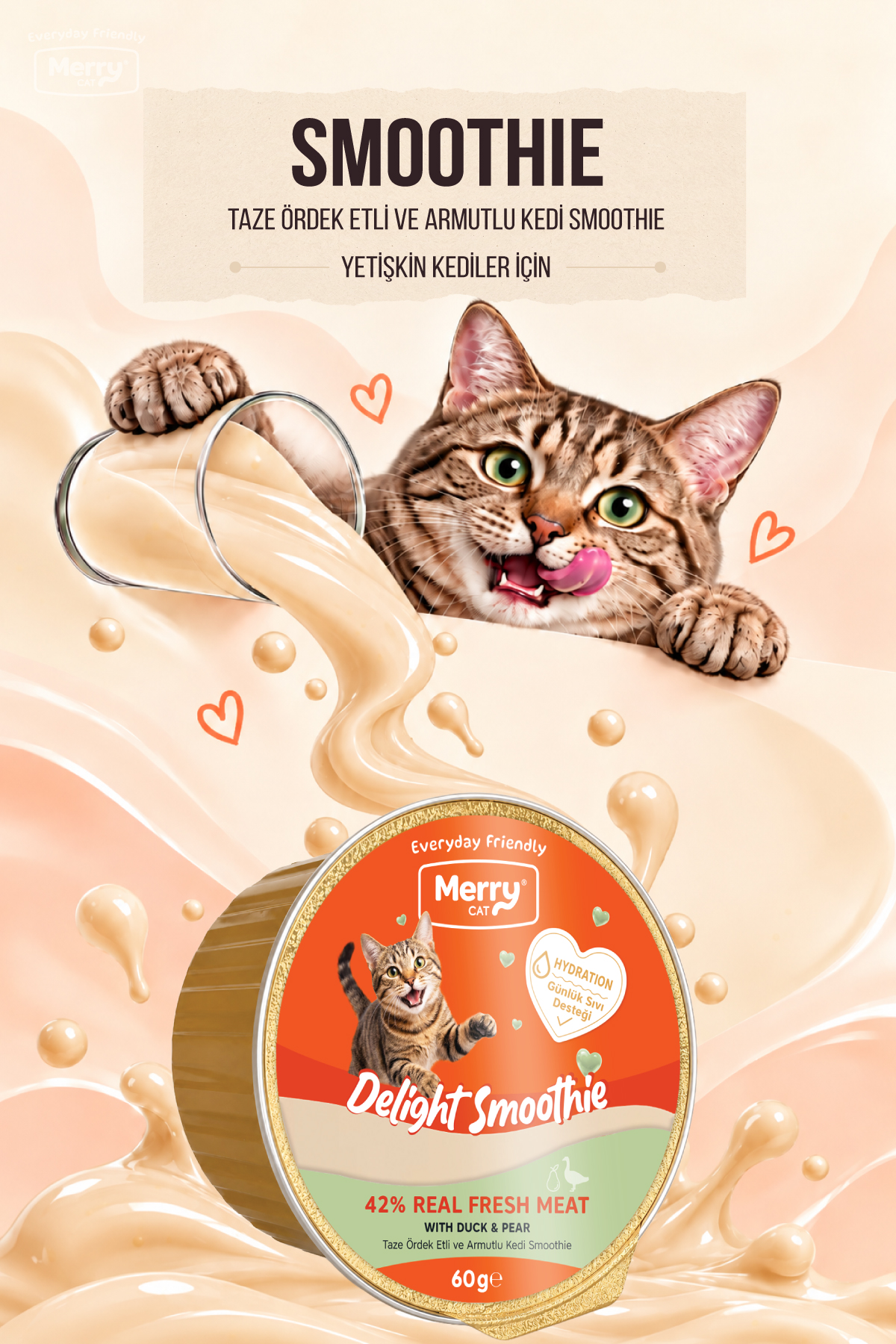 Merry Yetişkin Kediler İçin Ördek ve Armut Lezzetli Kedi Smoothiesi 60g ambalajı