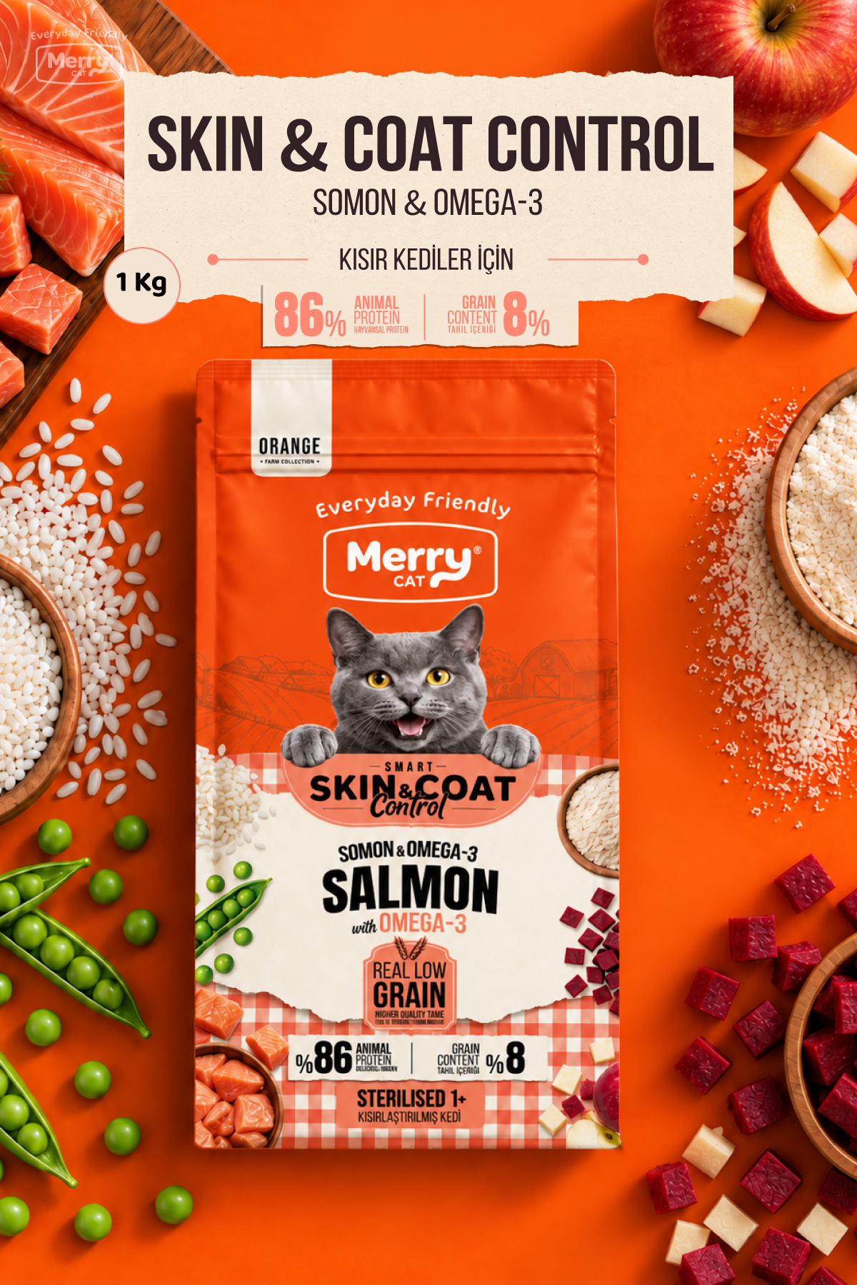 Merry Cat Orange Kısırlaştırılmış Somonlu & Omega-3’lü Kuru Kedi Maması – Smart Skin & Coat Control 1 kg ambalajı