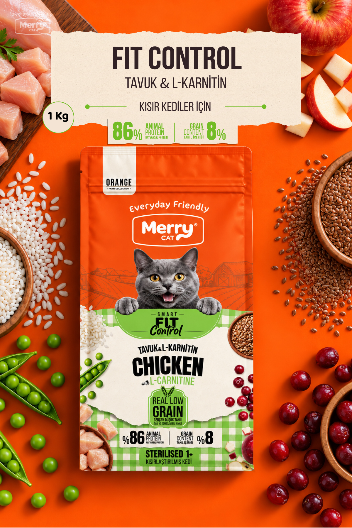 Merry Cat Orange Kısırlaştırılmış Tavuklu & L-Karnitinli Kuru Kedi Maması – Smart Fit-Control 1 kg ambalajı
