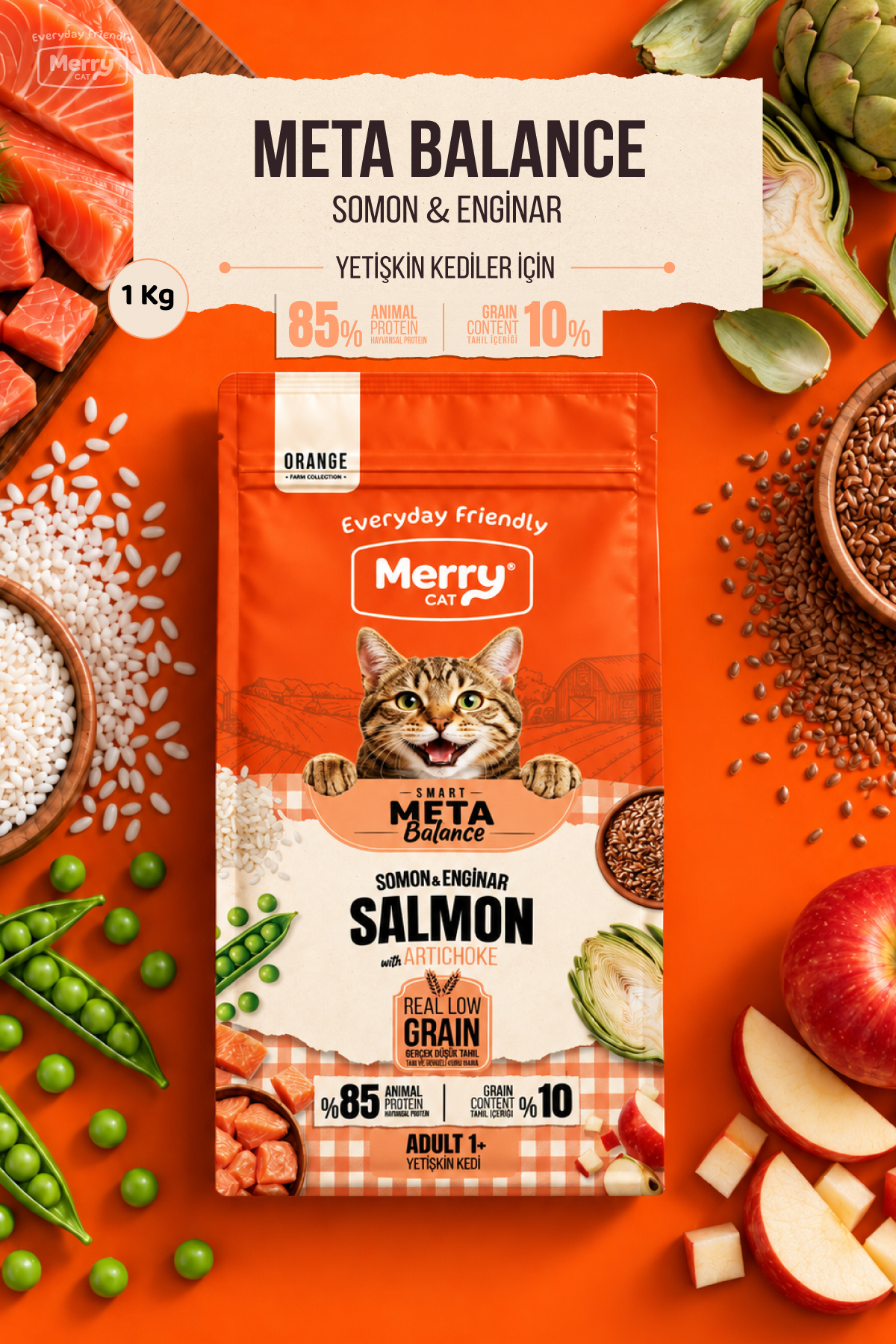 Merry Cat Orange Yetişkin Somonlu & Enginarlı Kuru Kedi Maması – Smart Meta-Balance 1 kg ambalajı