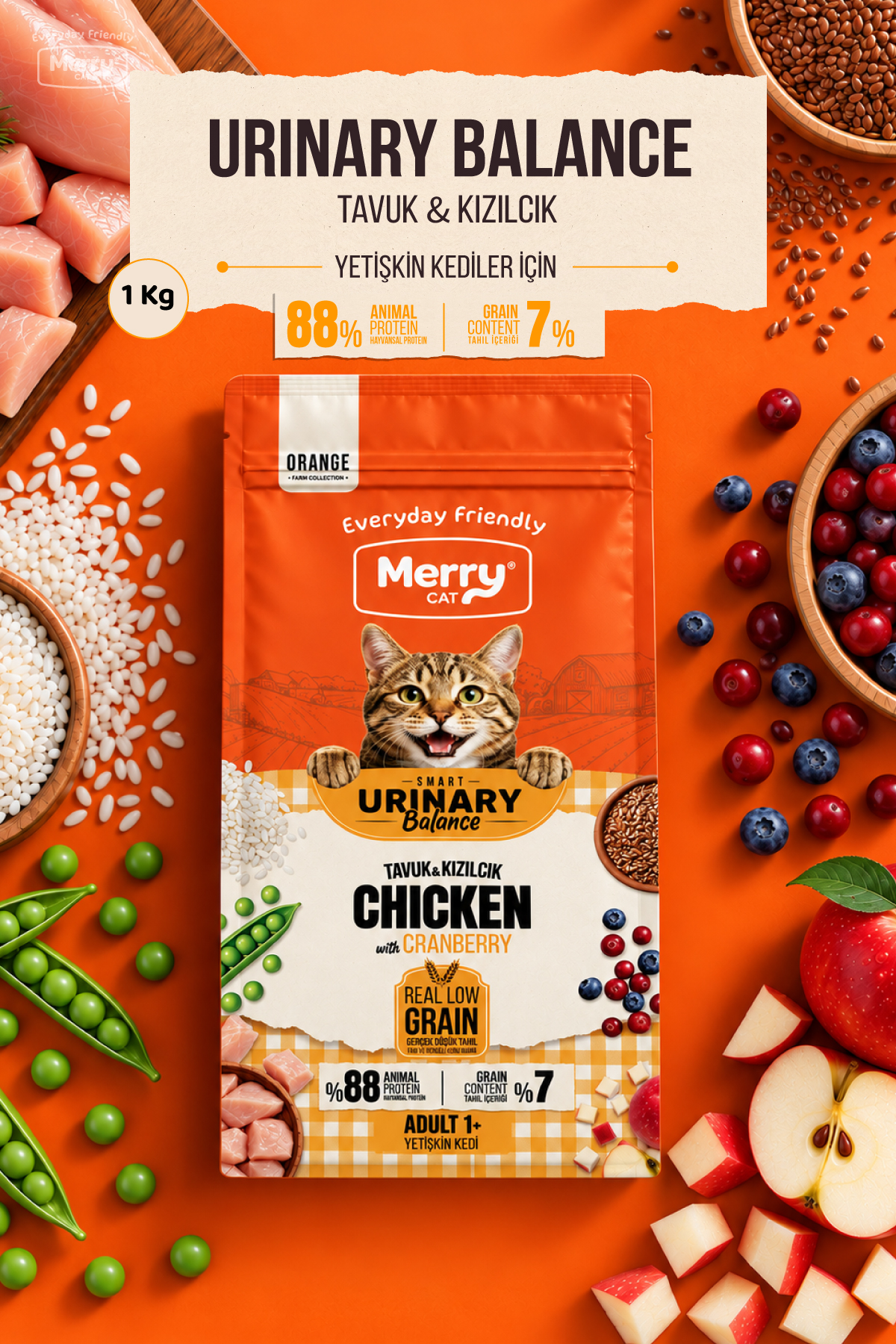 Merry Cat Orange Yetişkin Tavuklu & Kızılcıklı Kuru Kedi Maması – Smart Urinary Balance 1 kg ambalajı