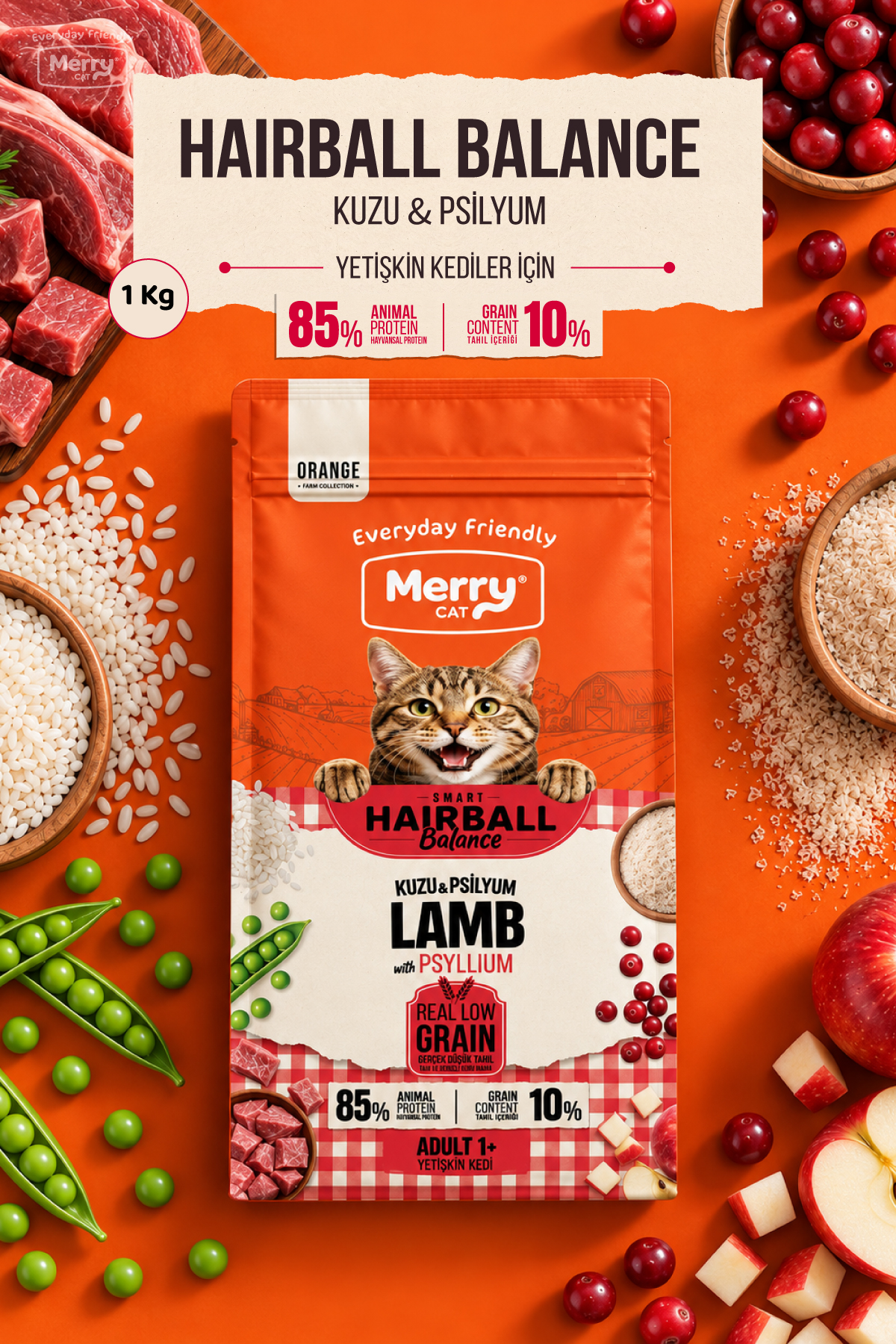 Merry Cat Orange Yetişkin Kuzu Etli & Psylliumlu Kuru Kedi Maması – Smart Hairball-Balance ambalajı