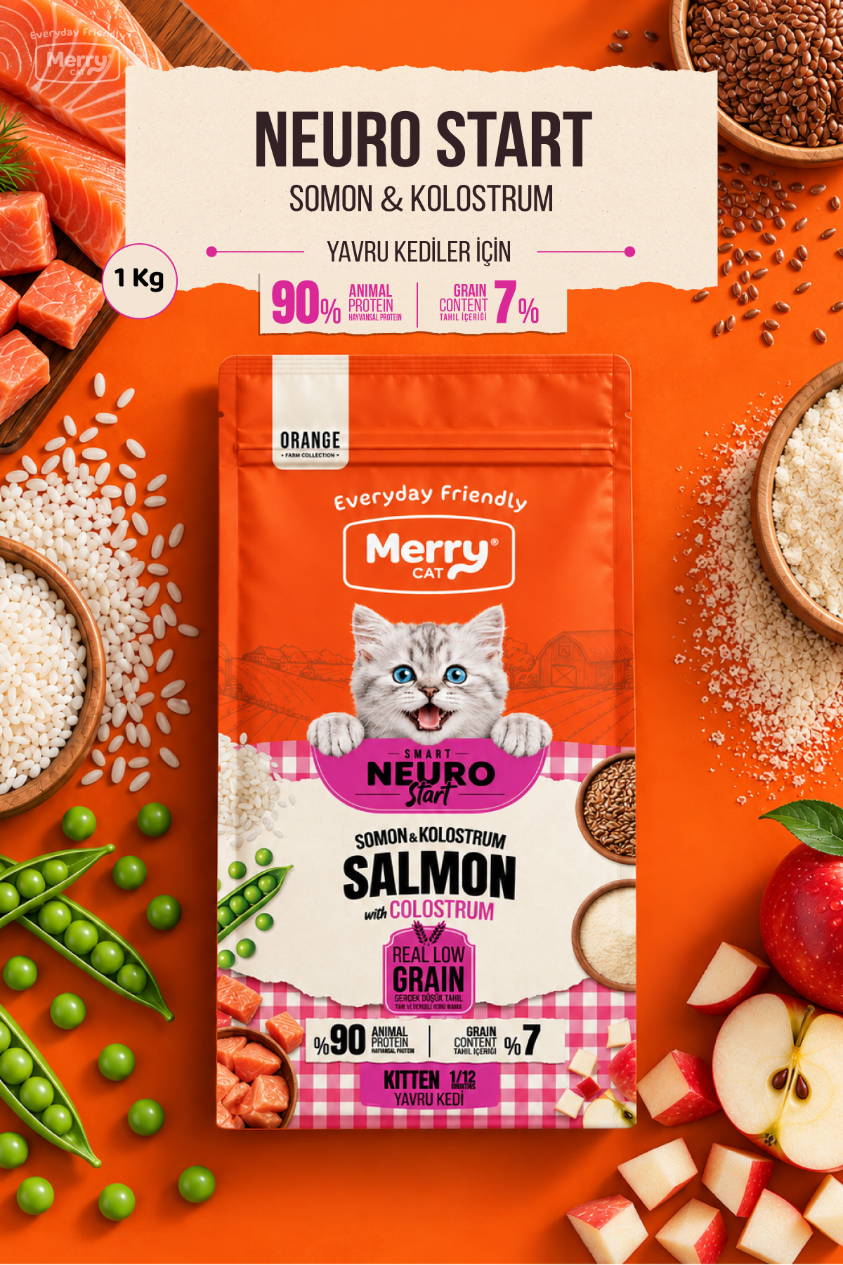 Merry Cat Orange Yavru Kedi Somonlu & Kolostrumlu Kuru Kedi Maması – Smart Neuro-Start 1 kg ambalajı