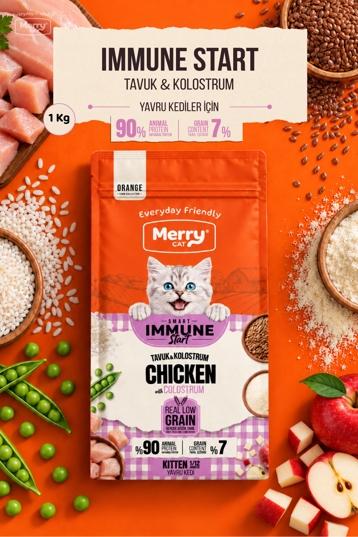 Merry Cat Orange Yavru Kedi Tavuklu & Kolostrumlu Kuru Kedi Maması – Smart Immun-Start 1 kg ambalajı